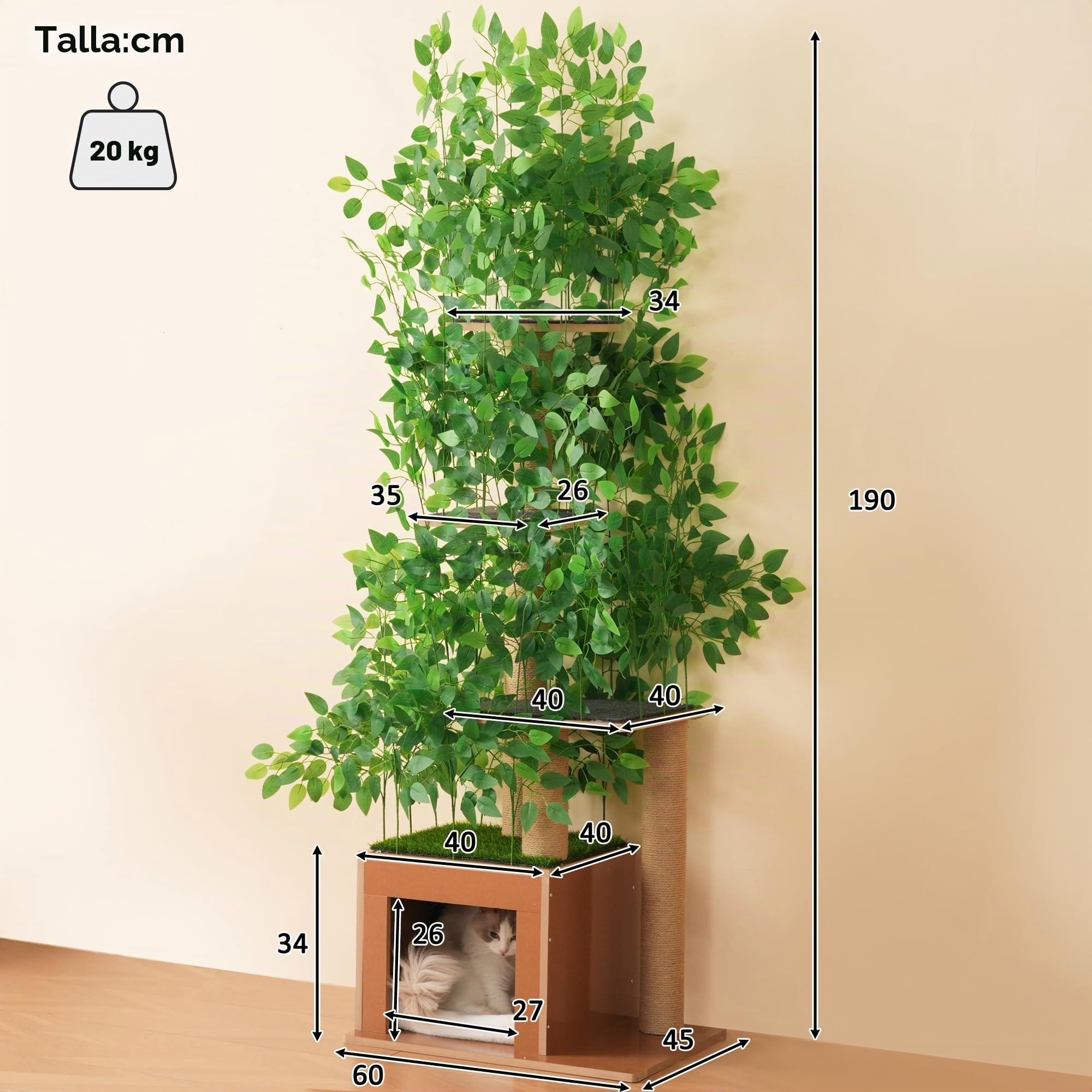 Árbol rascador de 190 cm de alto con 4 plataformas y agujeros para gatos. Material seguro para mascotas, hojas extraíbles, impermeable y resistente a la humedad, adecuado para gatos (verde)