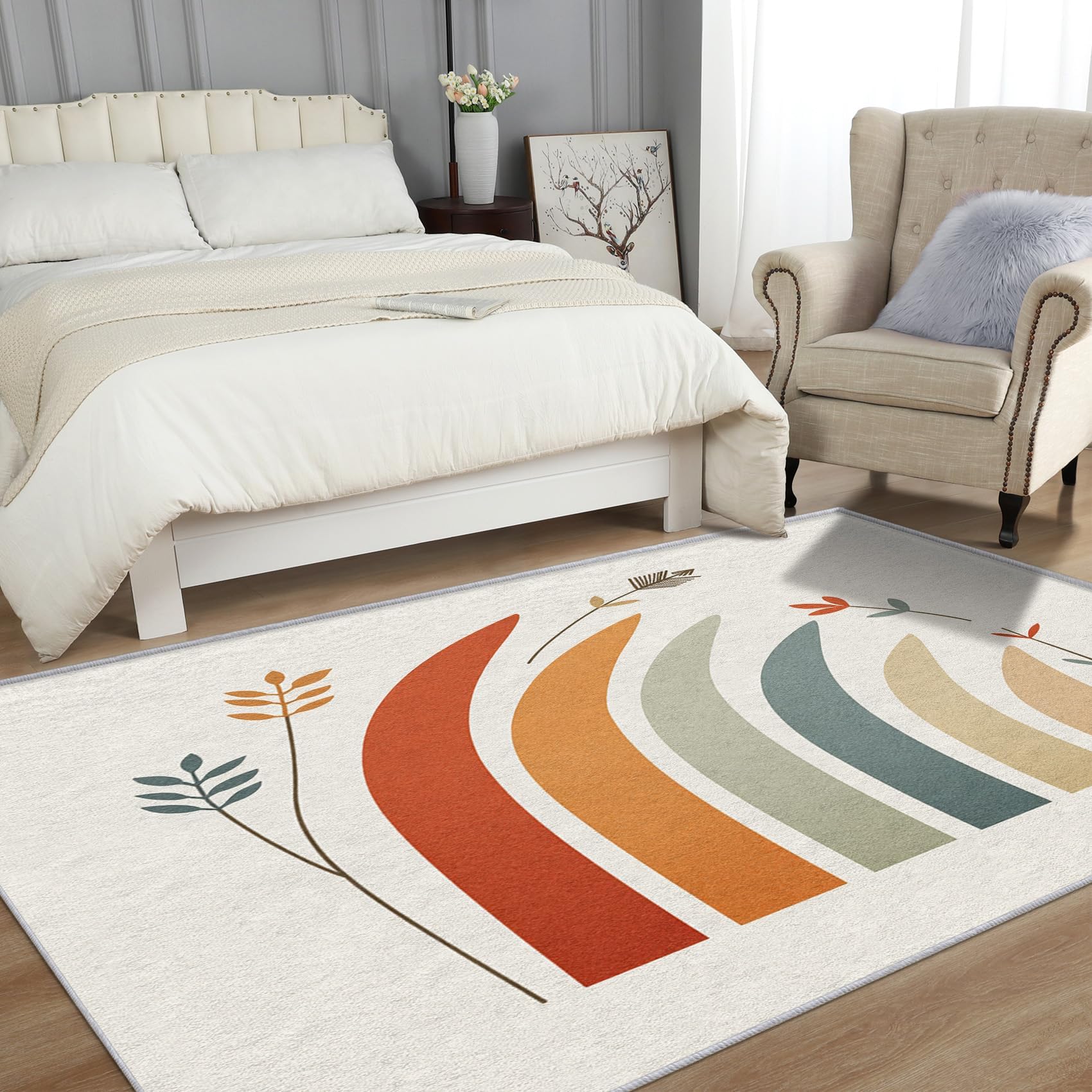 Cute Regenbogen Teppich Kinderzimmer 100x140cm Waschbar Zweige Blätter Deko Baby Teppich Kurzflor rutschfest Fußmatten für Spielzimmer Krabbelmatte Klassenzimmer Wohnzimmer Schlafzimmer