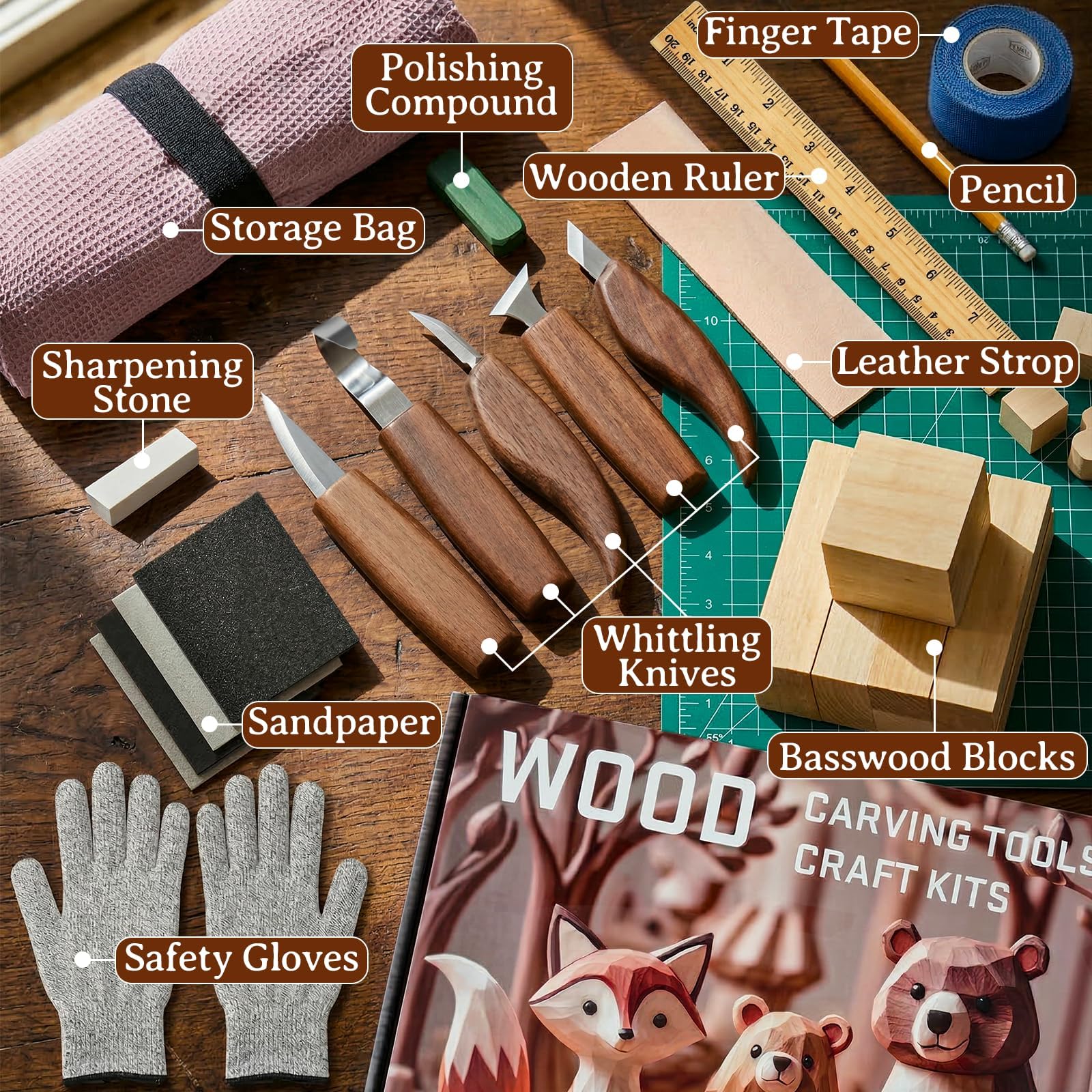 Kit de Tallado en Madera de 26 Piezas, PUYUKO Herramientas para Tallar Madera con 5 Cuchillos, 8 Bloques de Tilo para Tallar, Cuero de Afilar, Bolsa Enrollable y Guantes (26 Piezas)