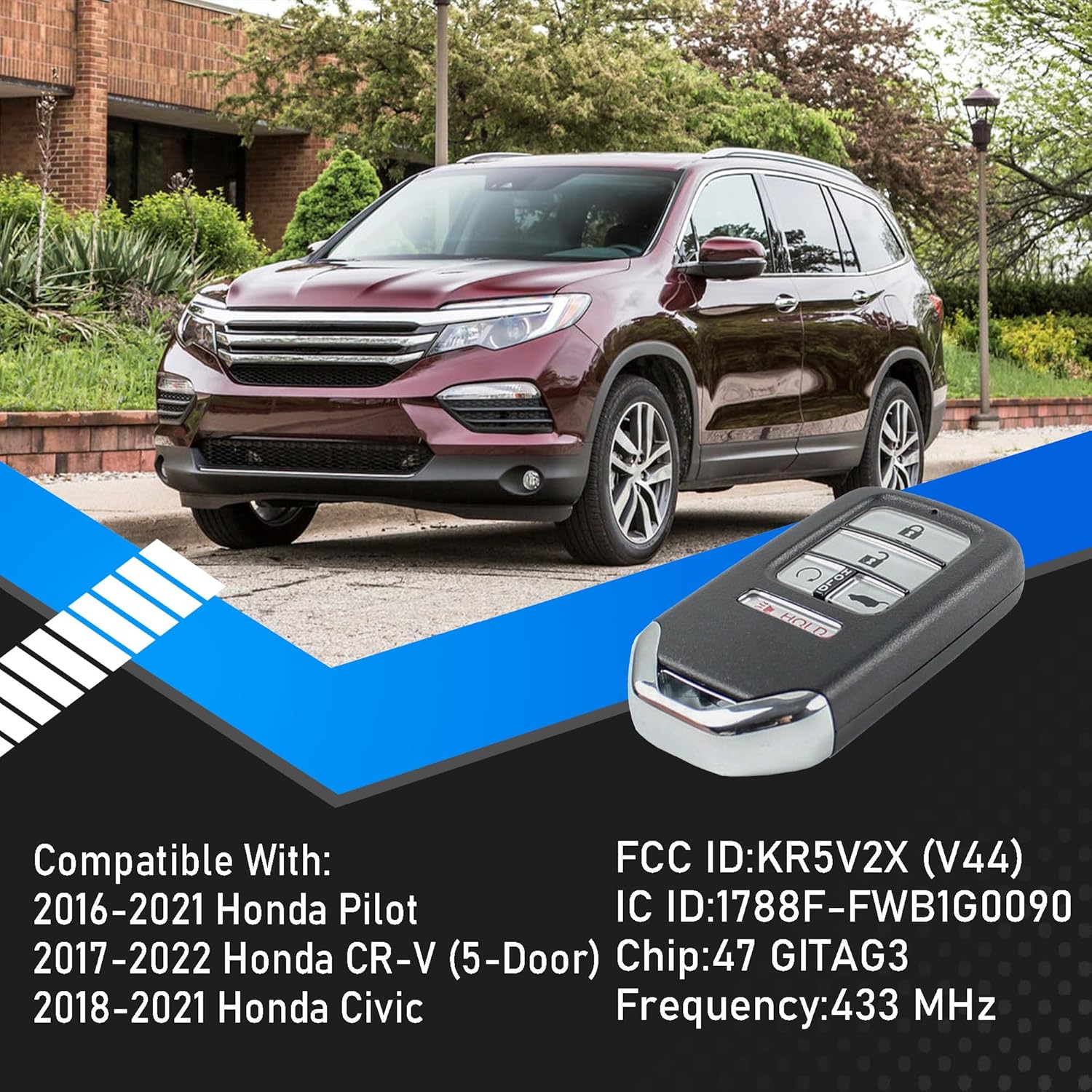 Key Fob Remote Replacement Compatible with 2016 2017 2018 2019 2020 2021 Honda Pilot CR-V Civic KR5V2X (V44) Smart Remote Control Push Start 5 Buttons Replaces 72147-TG7-A11 72147-TLA-A21
