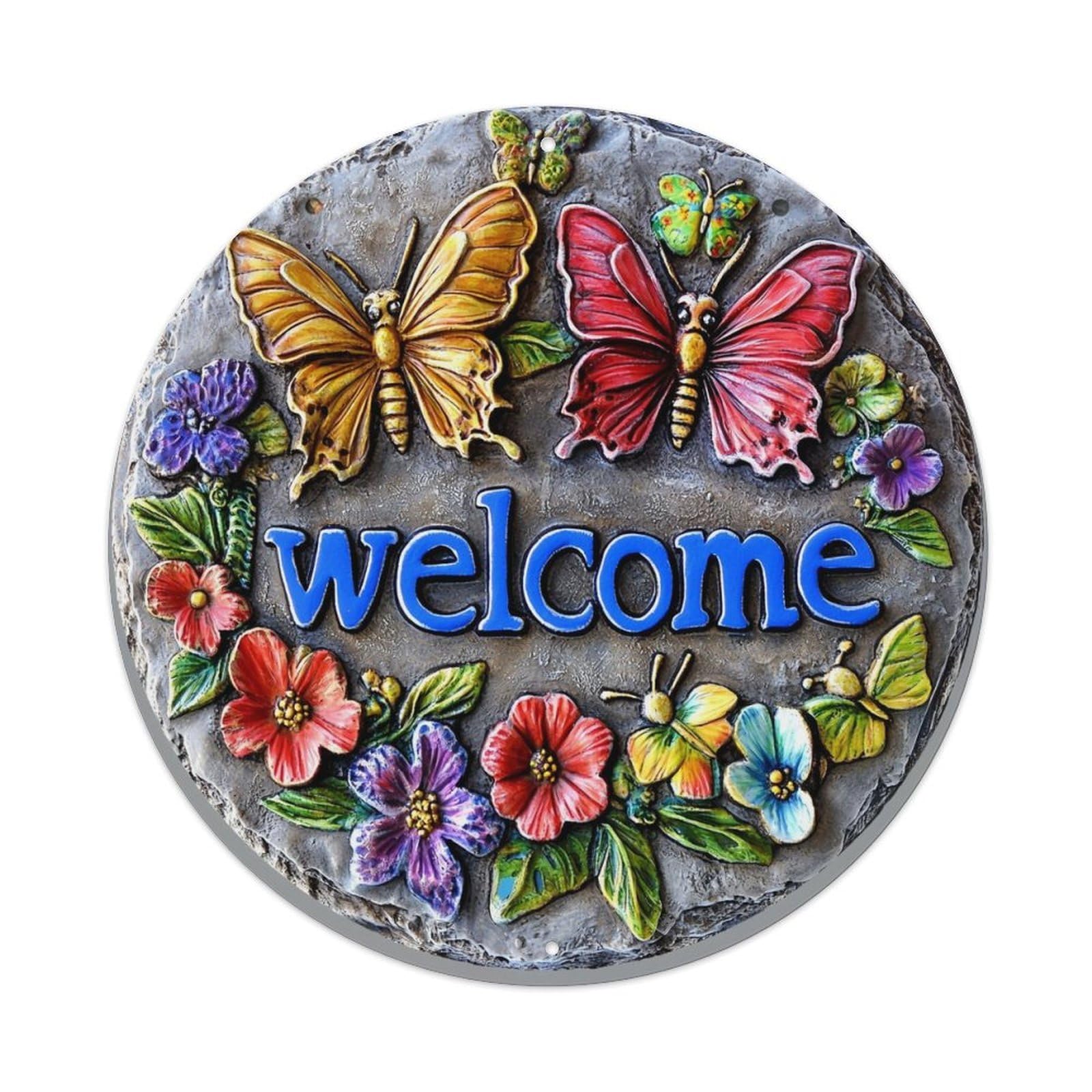Butterfly Flower Welcome Garden Art Round Tin Sign Vintage Metal Sign Home Bar Garden Indoor & Outdoor Wall Decor Retro Metal Poster 8x8 Inch