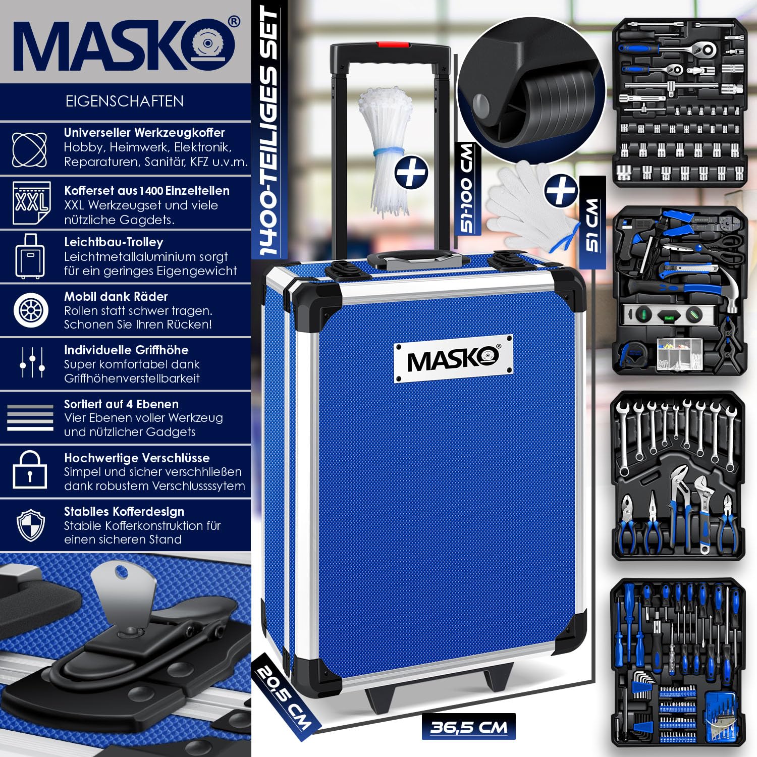 MASKO® Mallette à outils remplie de 1400 pièces | Kit d'outils dans une mallette en aluminium | Boîte à outils avec roulettes | Boîte à outils pour la maison, les loisirs, la voiture | Fonction