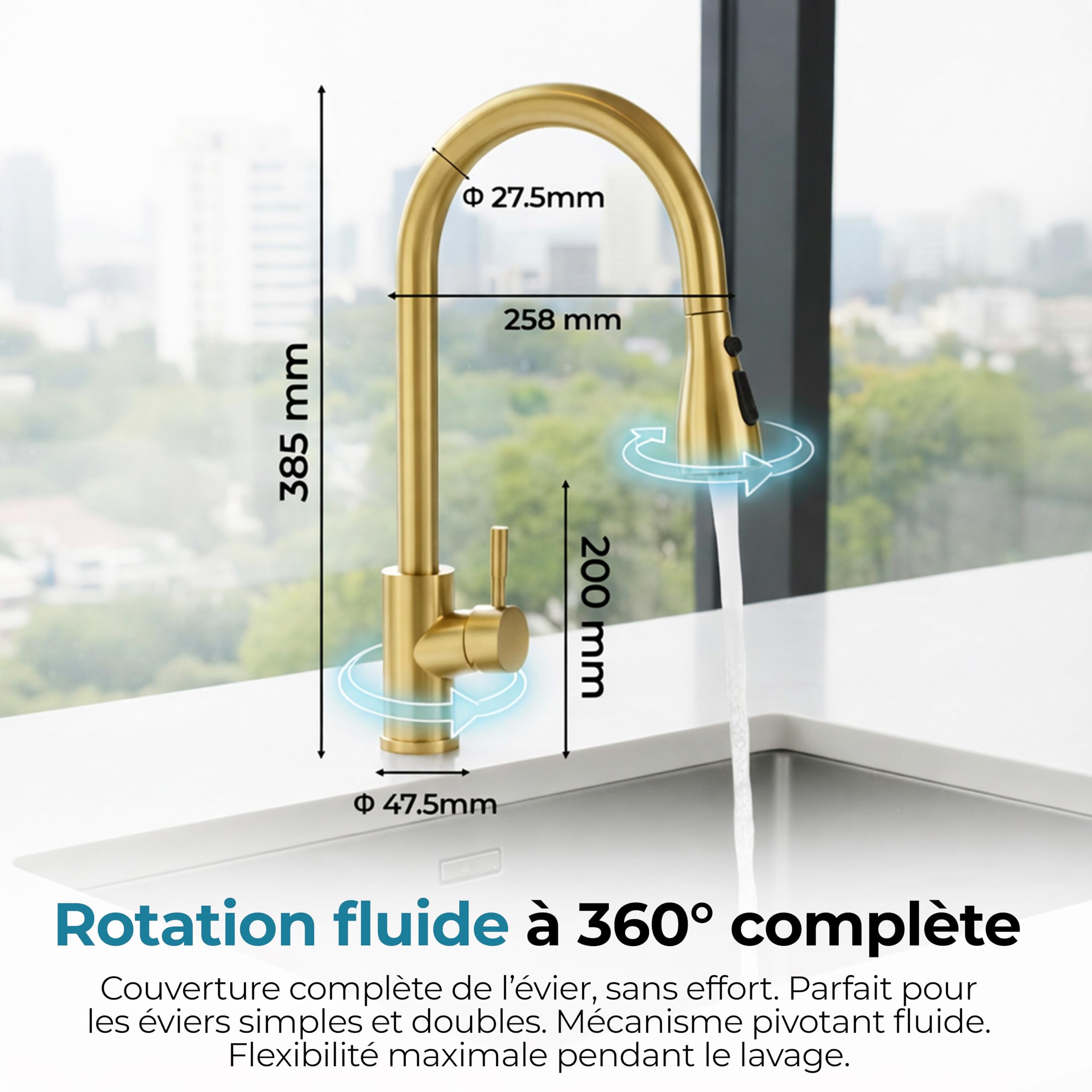 MELTA. Robinet Cuisine Douchette Extractible Pivotant 360° – Mitigeur Cuisine Évier Arc Élevé en Acier Inoxydable, Robinet Flexible avec 3 Modes Jet, Tête Pulvérisation Extractible (OR BROSSÉ) - 3
