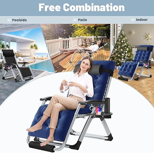 Miniatura 5 de Slsy Silla Zero Gravity de gran tamaño XL, silla reclinable con cojín extraíble y bandeja para interiores y exteriores, silla reclinable plegable