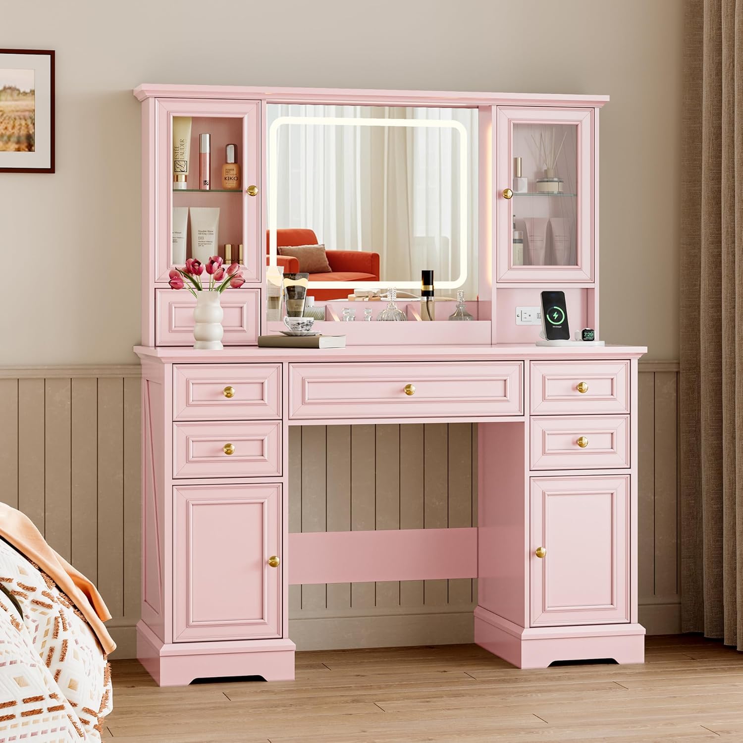 Vanity Desk with Lights, Large LED Mirror with 3 Color Modes, Makeup Vanity with Power Outlet & USB Ports, 6 Drawers & 2 RGB Glass Cabinets, Farmhouse Dressing Table for Women & Girls (Pink)