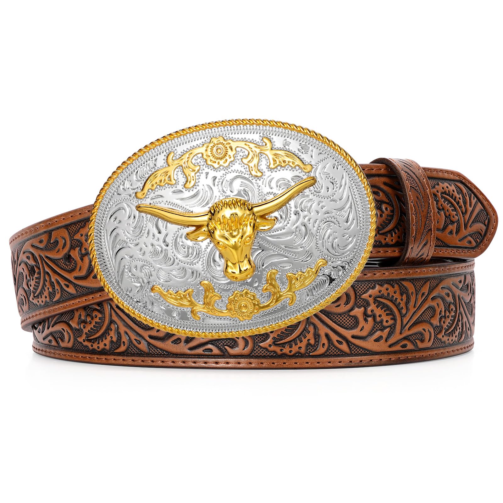 LEACOOLKEY Men's Leather Belt Western Cowboy Leather Belt for Jeans Pants Snap Belt with Detachable Buckle