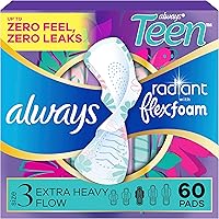 Always Radiant Teen Pads Size 3 Extra Heavy with Wings Unscented FlexFoam 60 Count Leak-Free Protection