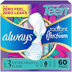 Always Radiant Teen Pads Size 3 Extra Heavy with Wings Unscented 60 Count 3 Packs of 20