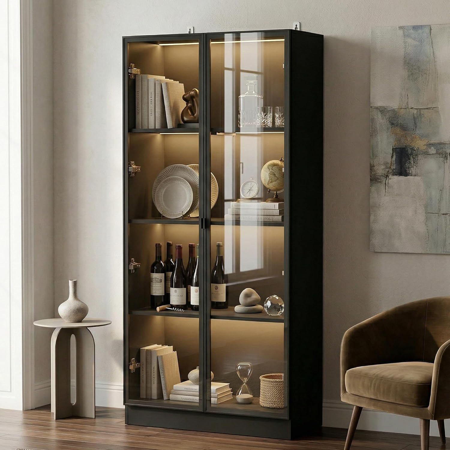 63" H Kitchen Pantry Storage Cabinet with Light, Food Pantries Cabinets with Glass Doors and Light in 3-Color Mode, Storage Cupboard Display Cabinet for Kitchen Dinning Room, Black