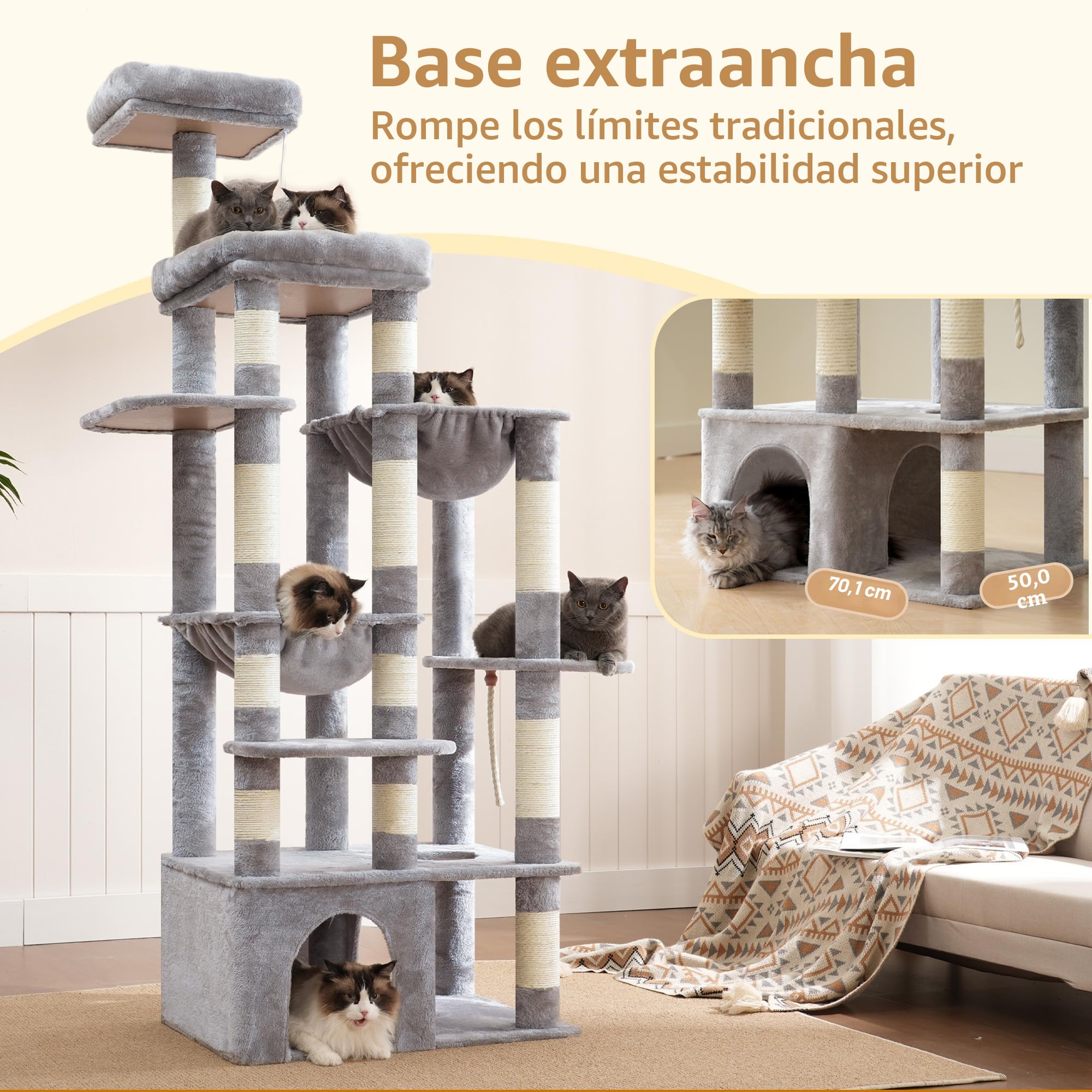 Heybly Árbol para Gatos, 180 Cm con Rascador para Gatos, Base Extra Estable, Plataforma XL, Casa Grande, 2 Hamacas, Ideal para Razas Grandes, Gris Claro HCT037W