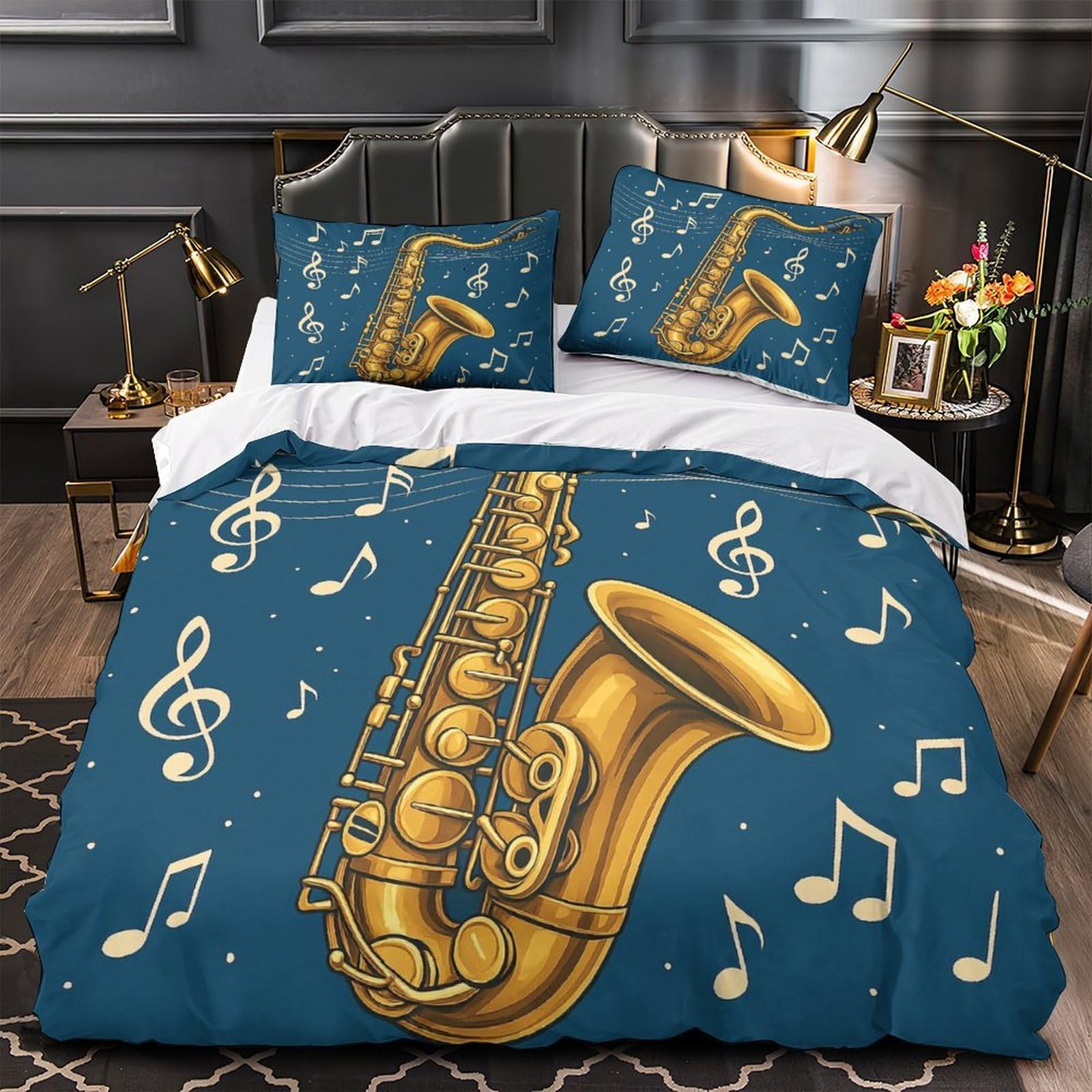 Set Copripiumino Musica Sassofono Stampa 3D Moderna Microfibra Camera Letto Decorazione Morbida Jazz per Adulti Giovani Super king（260x220cm）