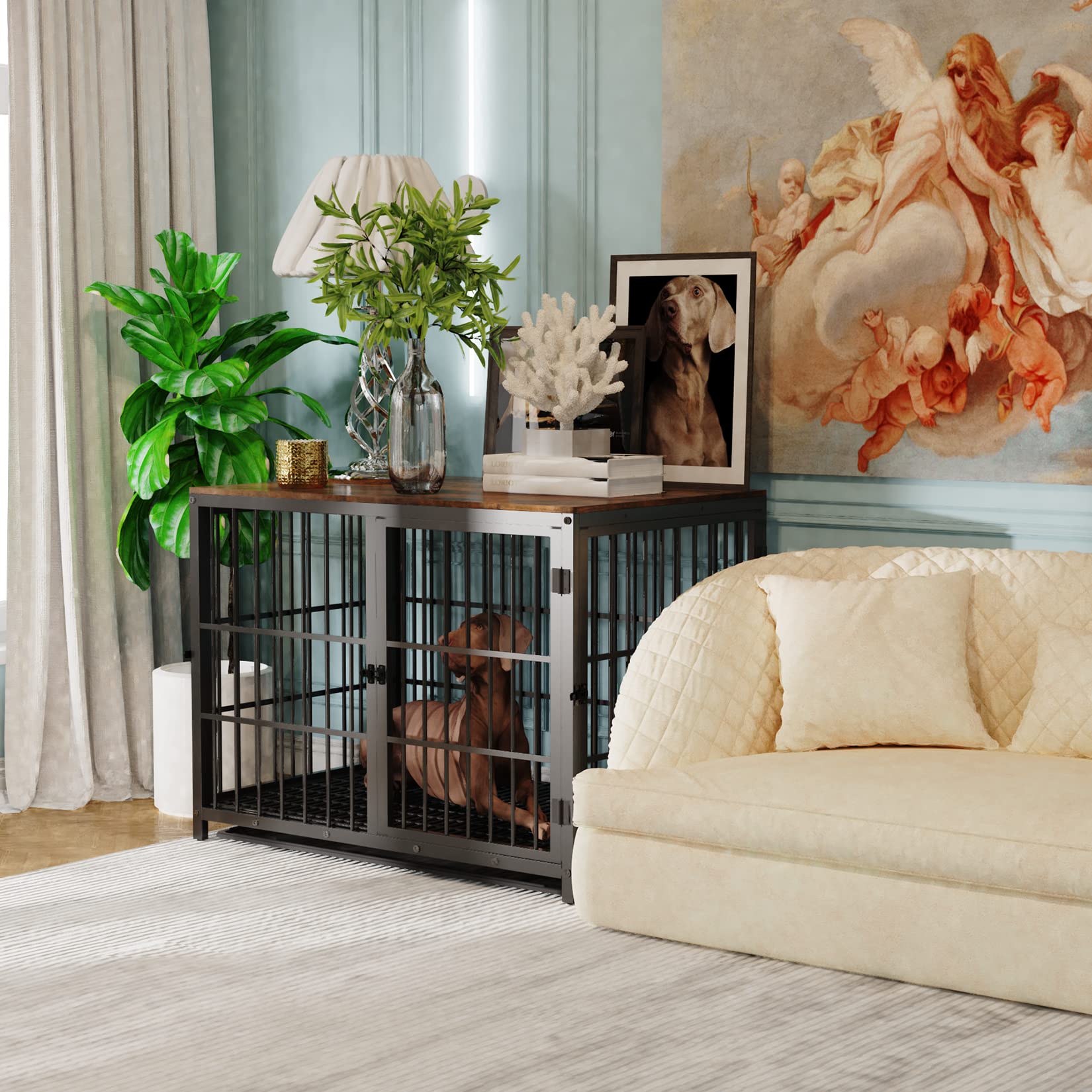 Bingopaw Jaula Perro Mediano Grande Mueble 107.4x71.4x81 cm con Hierro Fuerte Anticorrosivo y Superficie de Mesa Jaula Perros Madera con Cuerpo Conectable Dog Crate Medium Large (Negro, XL)