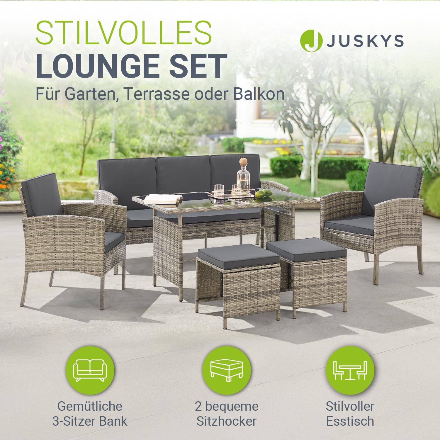 Juskys Gartenmöbel Set Polyrattan 6-teilig – Lounge Möbel Turin für 7 Personen mit Sesseln, Hockern, Tisch & Kissen, wetterfeste Balkonmöbel Sitzgruppe – Grau meliert