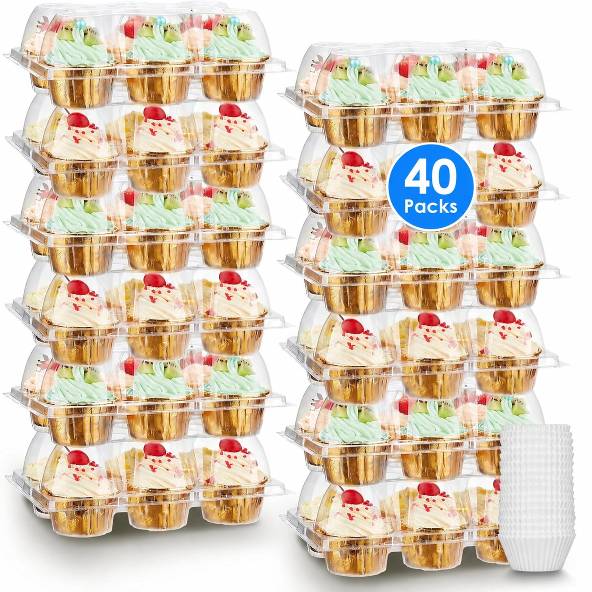 Photo 1 of (6 Count x 40 Sets) Stackable Cupcake Containers with 240 Pack Liners, Plastic Cupcakes Boxes Holders for 6 cakes, High Tall Dome Lid Cupcakes Carrier, Clear Cupcake Trays/Containers/Holders