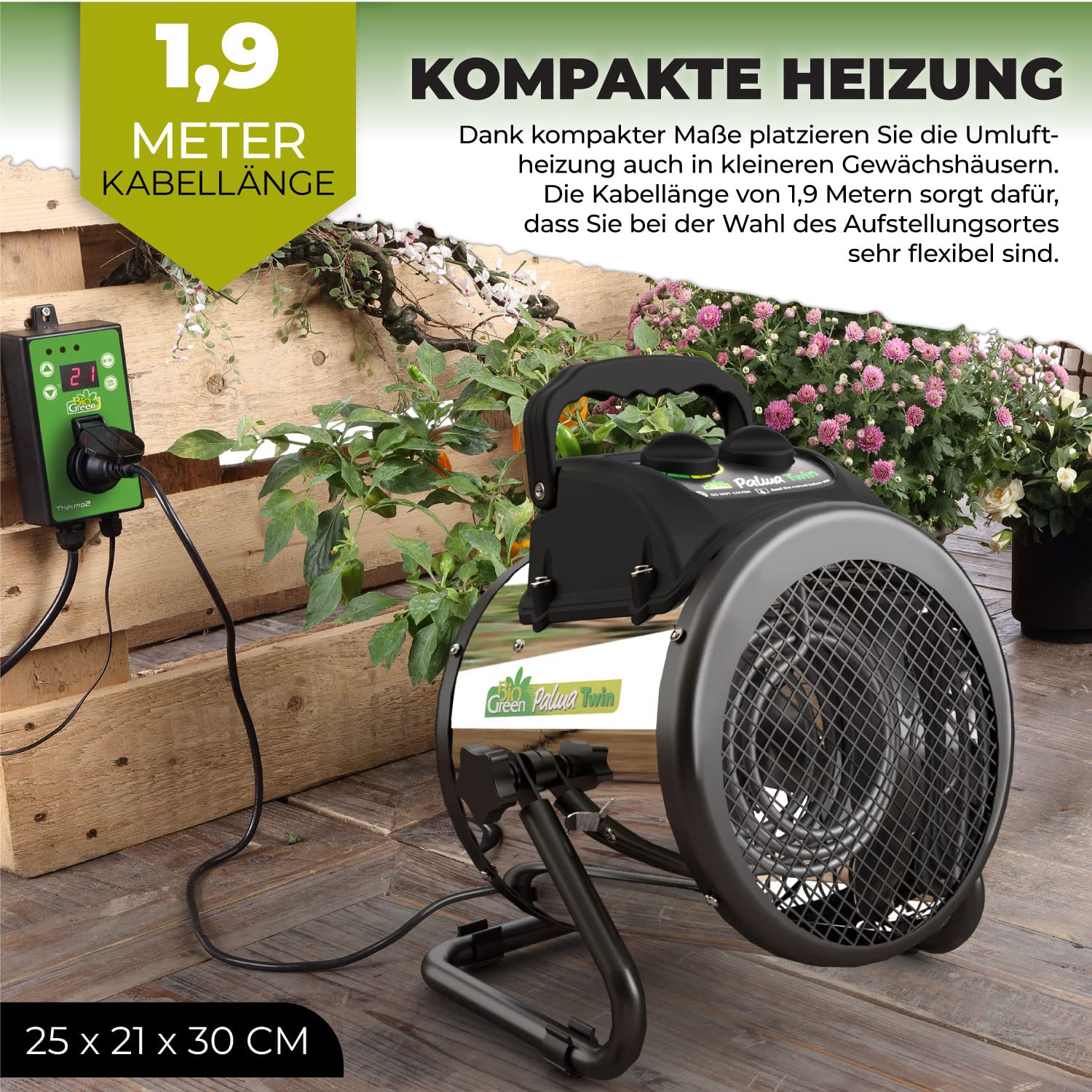 Bio Green Elektro-Gewächshausheizung Palma Twin mit manuellem Thermostat | 2 x 1000 Watt | 163 m³/h Luftumwälzung | Umluft-Modus | Edelstahl-Gehäuse