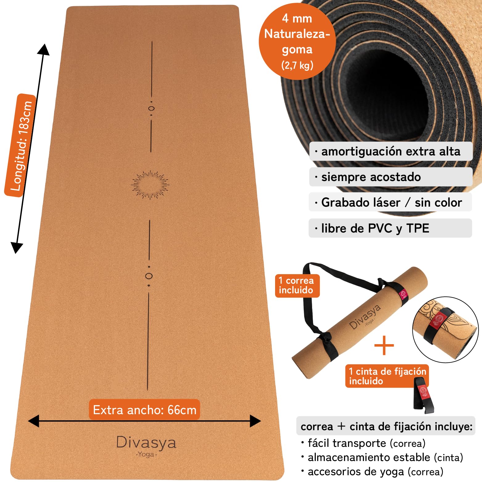 Esterilla de yoga premium de corcho antideslizante: de caucho natural antideslizante y corcho, natural y sostenible, extra ancha y extra gruesa (183 x 66 x 0,4 cm), correa de transporte