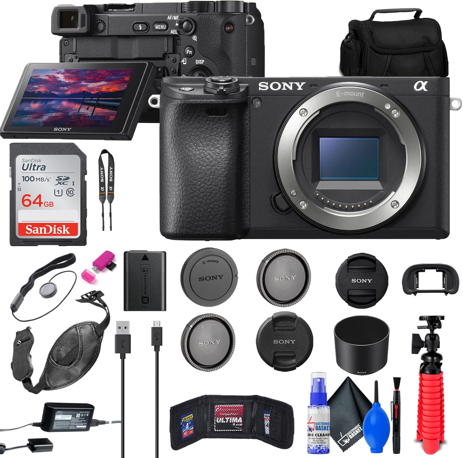 Sony a6400 Mirrorless Camera (ILCE6400/B) + 64GB Card + Card Reader + Case + Flex