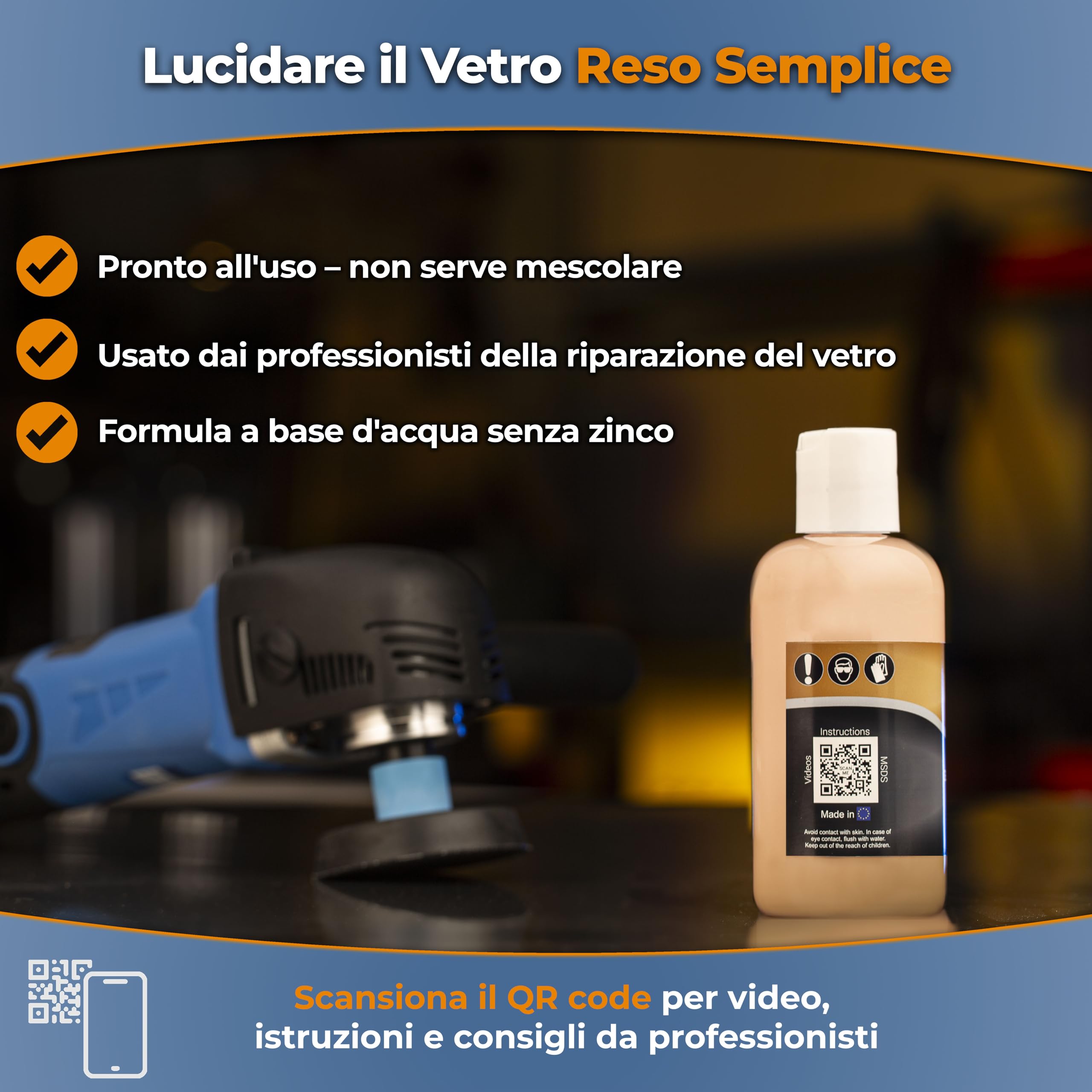 Glass Polish - 250ml Composto Lucidante per Vetri - Pasta di Ossido di Cerio Extra Concentrato per Lucidatura Professionale di Tutte le Superfici in Vetro - 2,3 Micron
