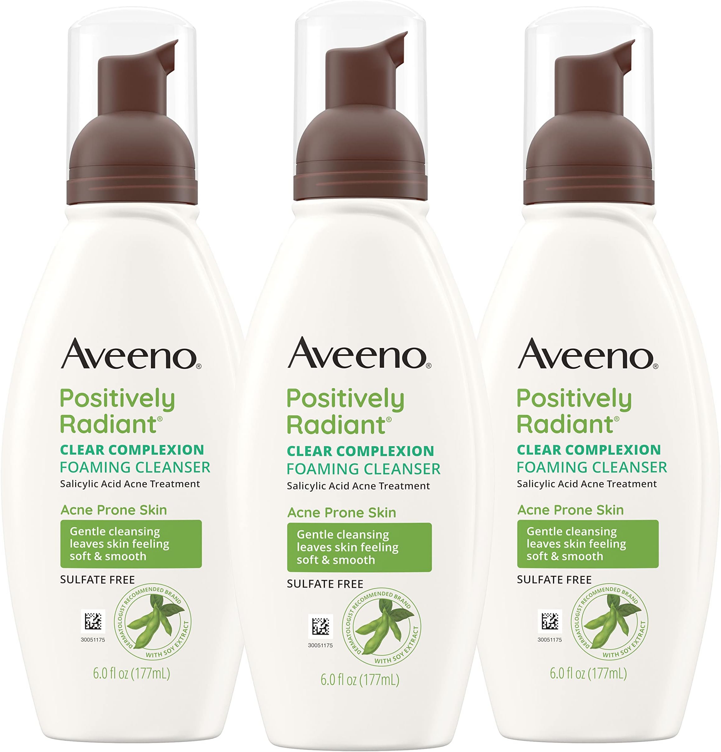 Aveeno Clear Complexion Foaming Oil-Free Facial Cleanser with Salicylic Acid Acne Medication for Breakout-Prone Skin & Soy Extracts, Hypoallergenic & Non-Comedogenic, 6 fl. oz, Pack of 3