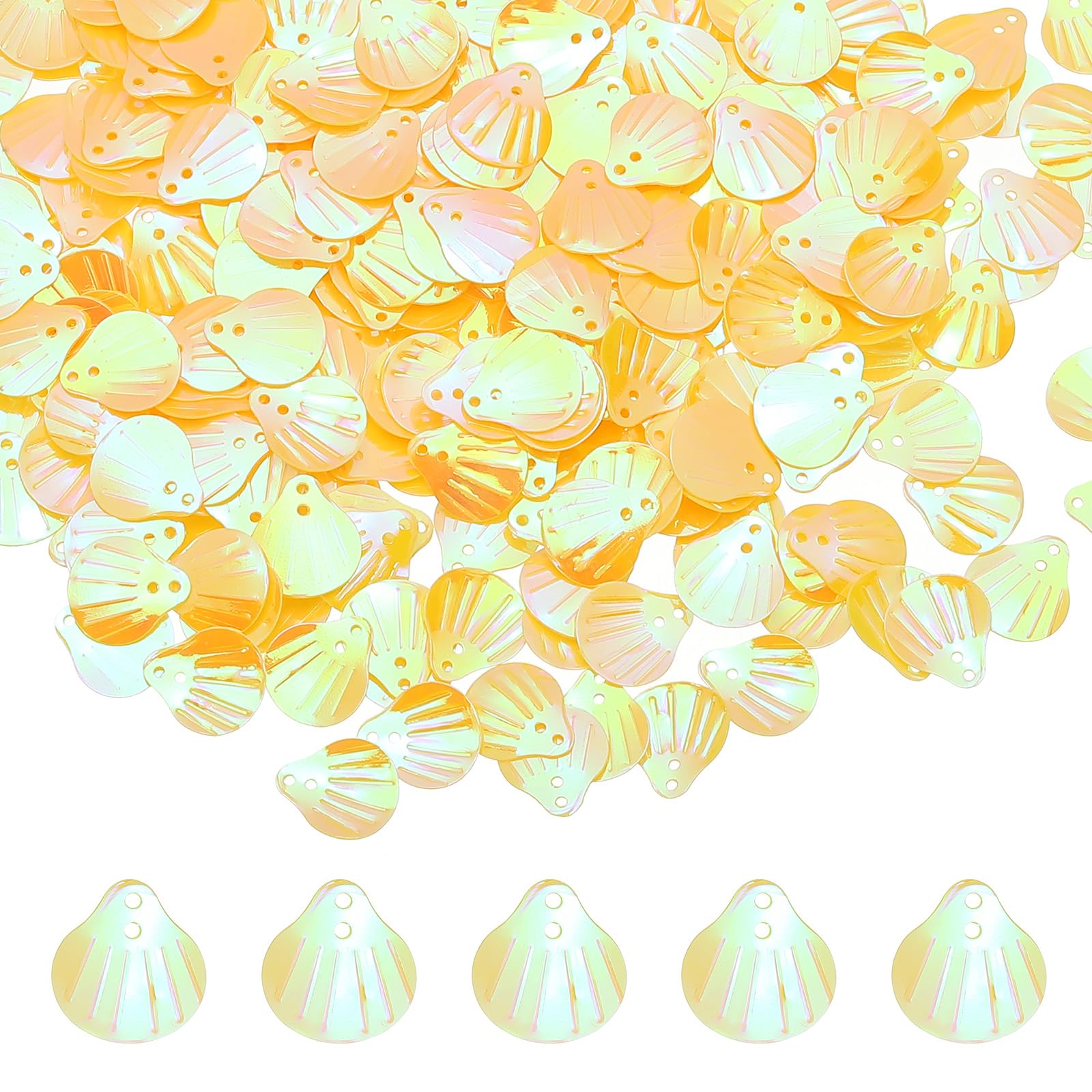 M METERXITY 600-Pack Seashell Sequins, 50g Shell Shape Loose Sequins with 2 Holes for DIY Craft/Sewing/Applique/Earrings/Clothing, Sea Shell Flakes [AB Yellow]