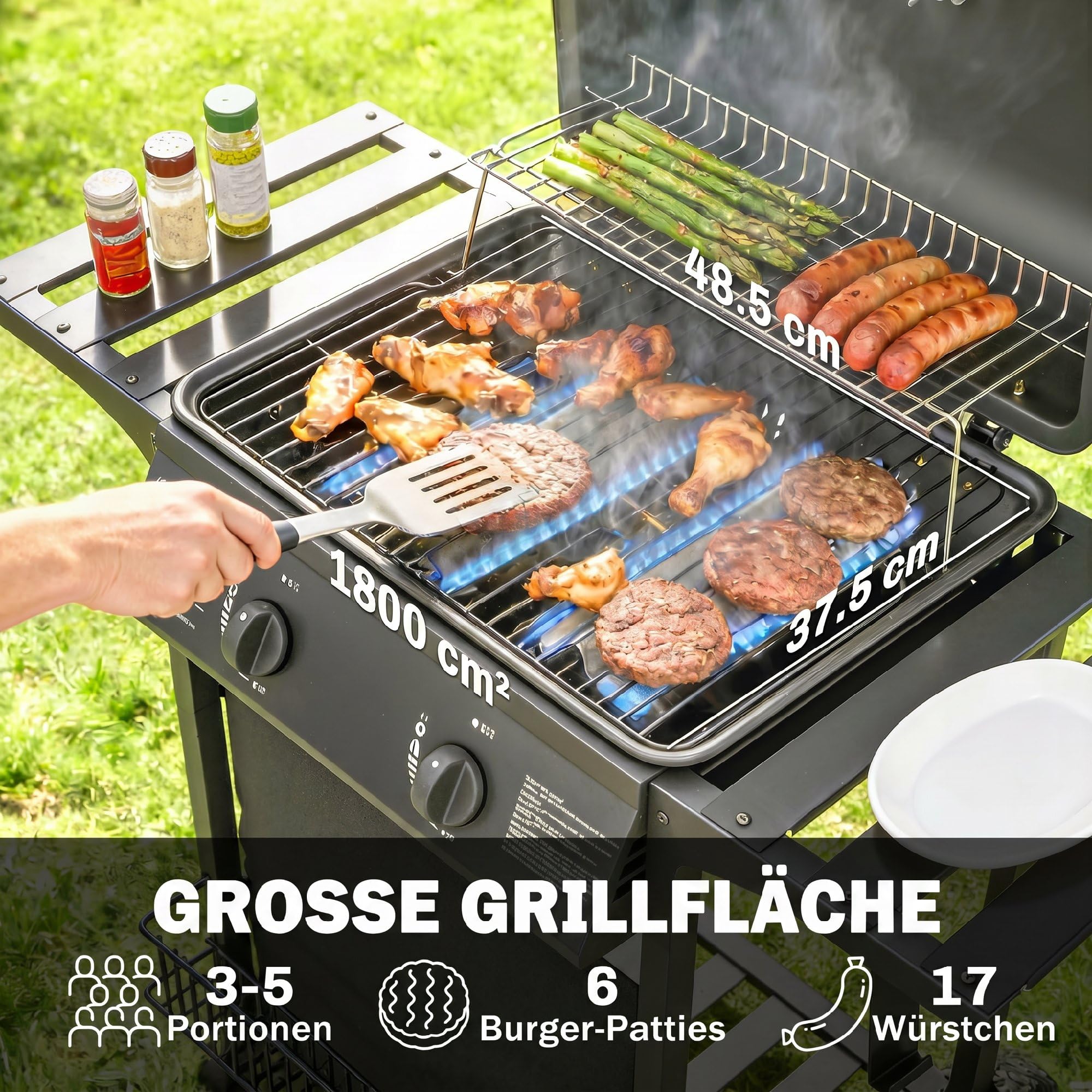 Outsunny Gasgrill 5 KW 2 Brenner BBQ Grillwagen Edelstahl inkl Seitentisch Unterkorb Frontabdeckung Thermometer Emaille-Grillrost Warmhalterost Fettauffangschale, Gas-Grill mit Rolle für Balkon Party