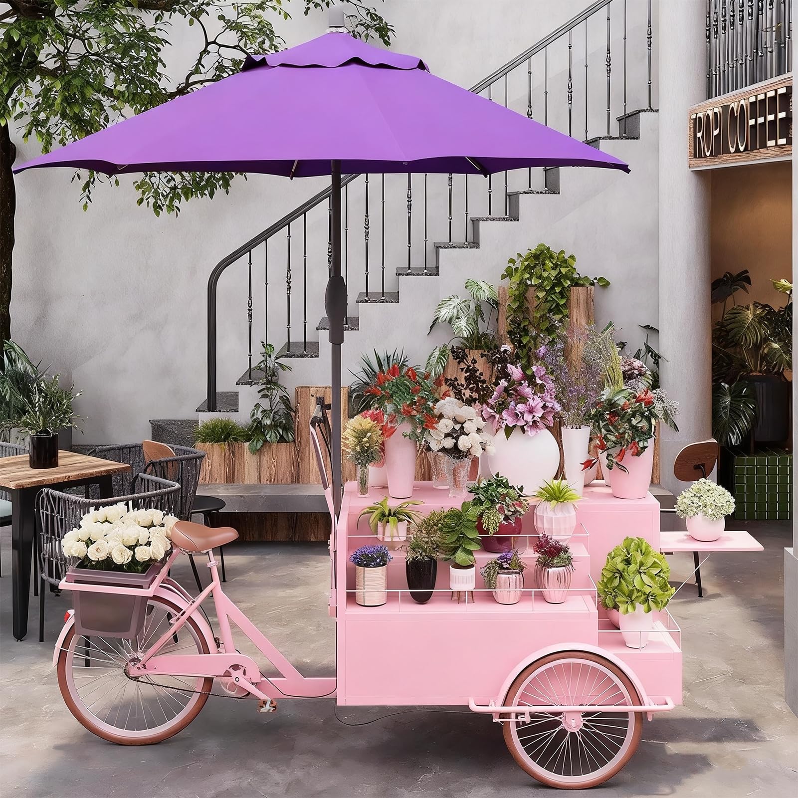 Carrello da Vendita Mobile a Triciclo, Food Truck Mobile a Triciclo per succhi, Carrello per Fiori con ombrelloni spinto a Mano, per la Vendita di Cibo da Strada,C