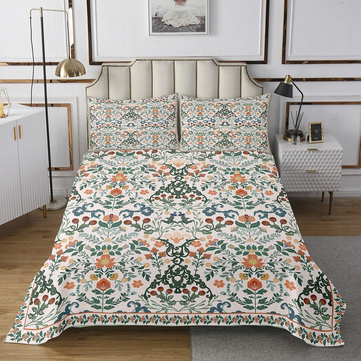 Homemissing Blumen Tagesdecke 240x260cm Jungen Mädchen Vinatge Botanischer Grün Steppdecke Für Kinder Retro Boho Blumen Wohndecke Blaue Orangenblüte Zimmer Dekor
