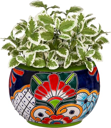 Evergreen Garden Talavera Mexican Pottery Ceramic Green Detailed Baul | Flower Pot Plant Succulent | Indoor Outdoor (9 inch)