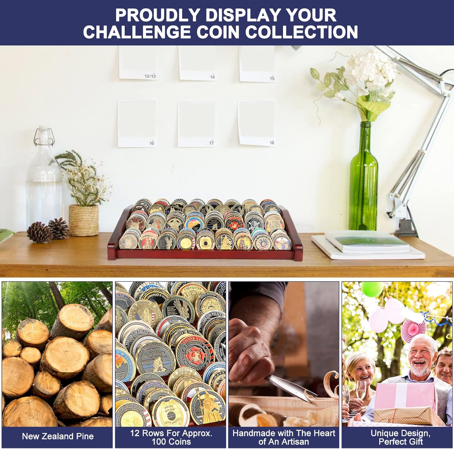 Challenge Coin Holder Display Case - 3 Tiers Solid Wood Military Coin Rack for 80-100 Coins, Army Coin Stand for Desk Display, Mahogany