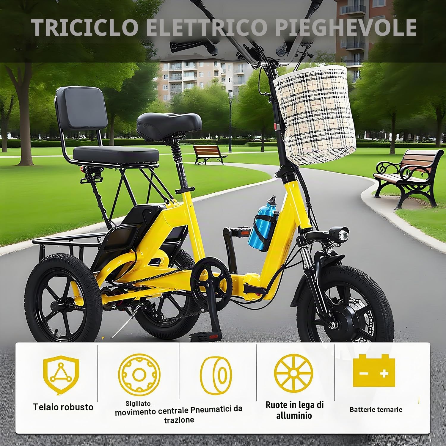 Triciclo Elettrico Pieghevole per Adulti a 3 Ruote, Bici Elettrica con Presa di Ricarica e Supporto Phone – Batteria 48V 10.4Ah, 11–20 km/h, Ruote 14", Portata 180KG,Ideale per Città e Spesa Yellow