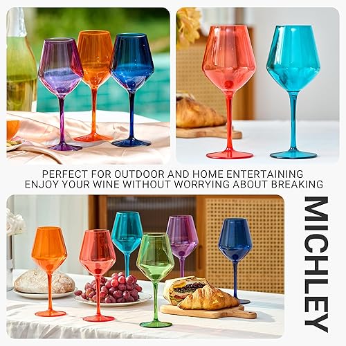 Miniatura 6 de MICHLEY Juego de 6 copas de vino de colores de tallo largo, color rojo y blanco, cristalería de plástico de tritán, regalo de 15 onzas para fiestas
