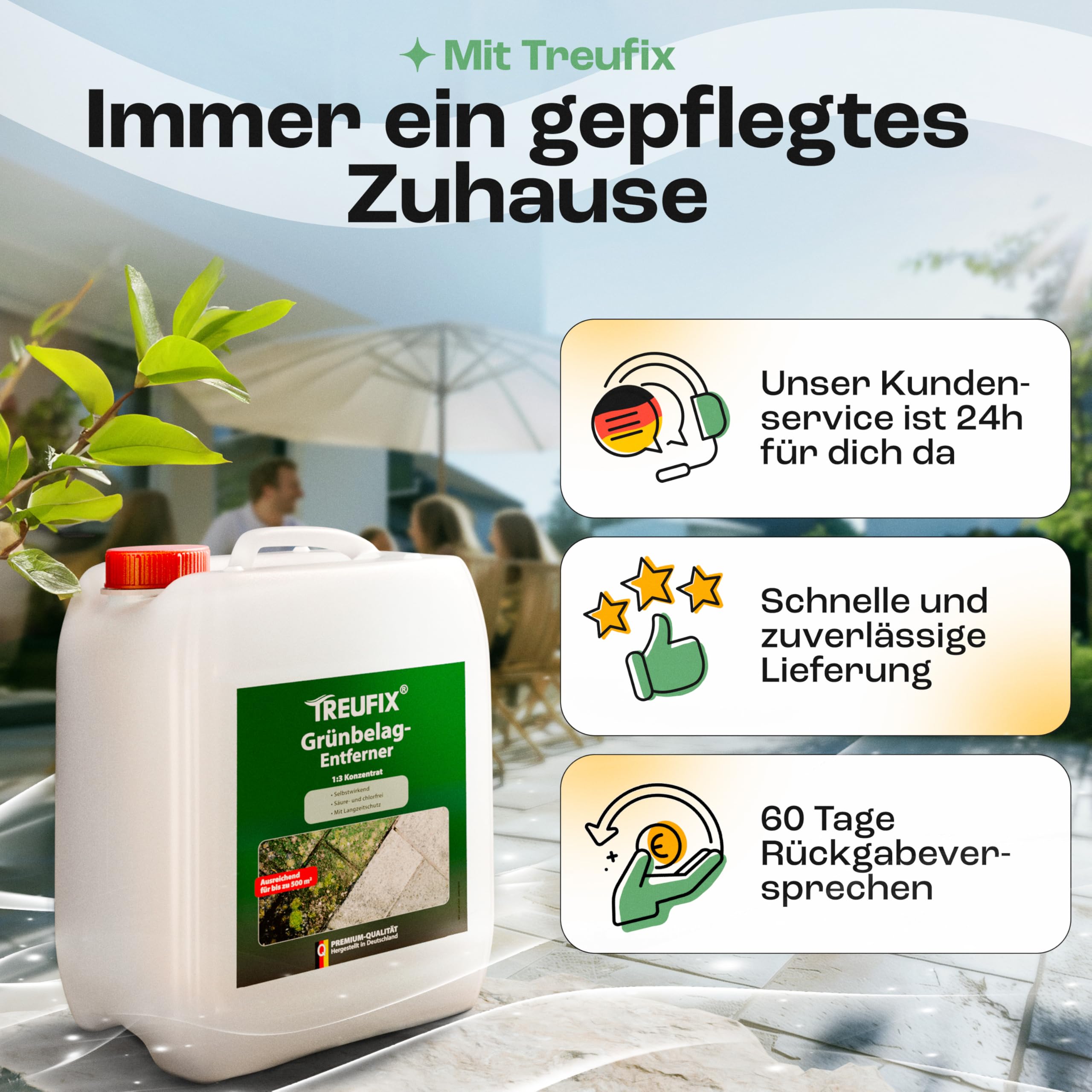 Treufix Grünbelagentferner & Moosentferner Konzentrat 5L | [Chlor- und säurefrei] Entfernung von Grünspan, Grünbelag & Moos |Steinreiniger für Pflastersteine, Terrassen - Made in DE