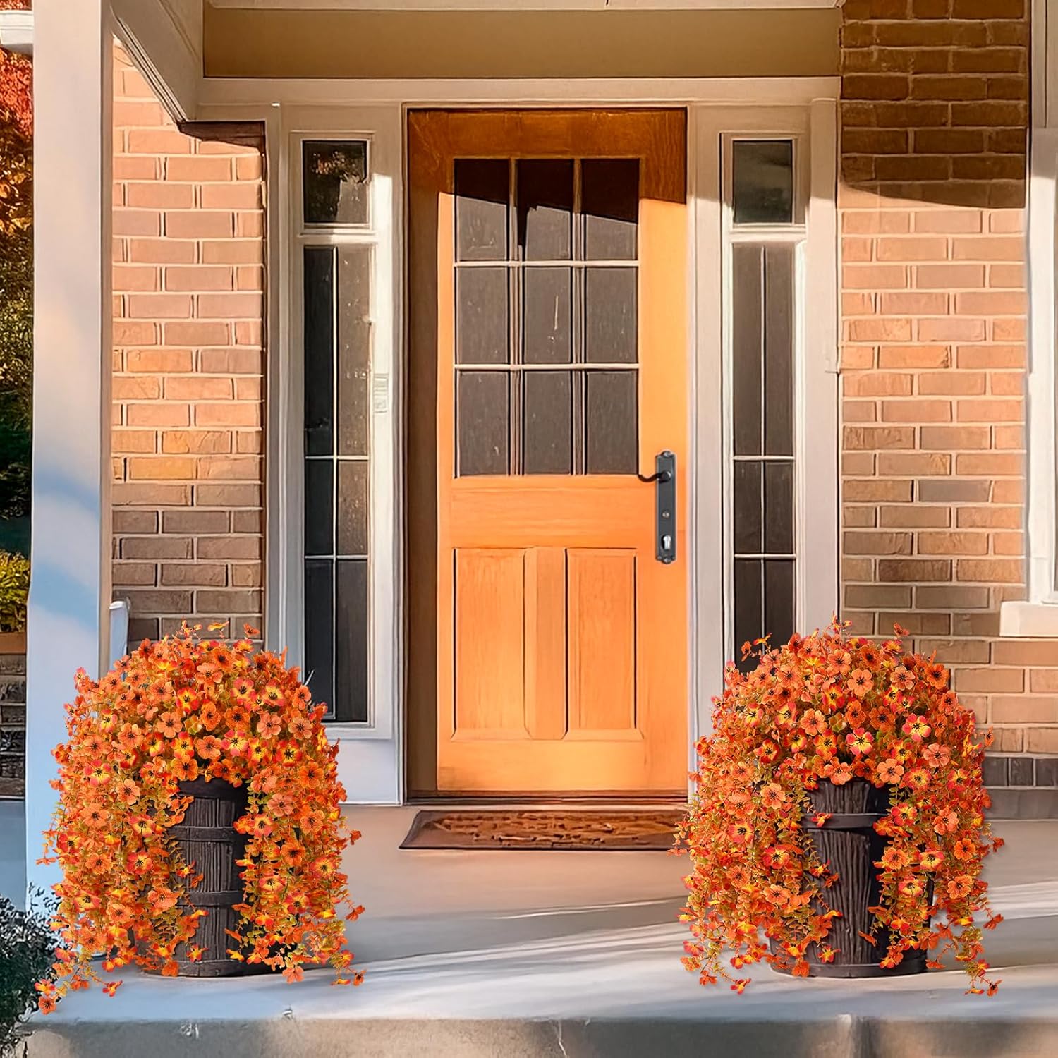 Artificial Fall Fake Flowers for Outdoor, 2 Pcs Fake Mums Faux Hanging Flowers Outdoor Fall Decor, UV Resistant Silk Flower for Front Door Porch Planters Patio Yard Garden(Orange Sunset Red) - Image 5