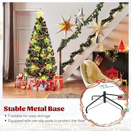 Miniatura 6 de GOFLAME Árbol de Navidad preiluminado de 6 pies, árbol de Navidad de fibra óptica artificial con 36 cuerdas de luz blanca cálida, estrella superior,