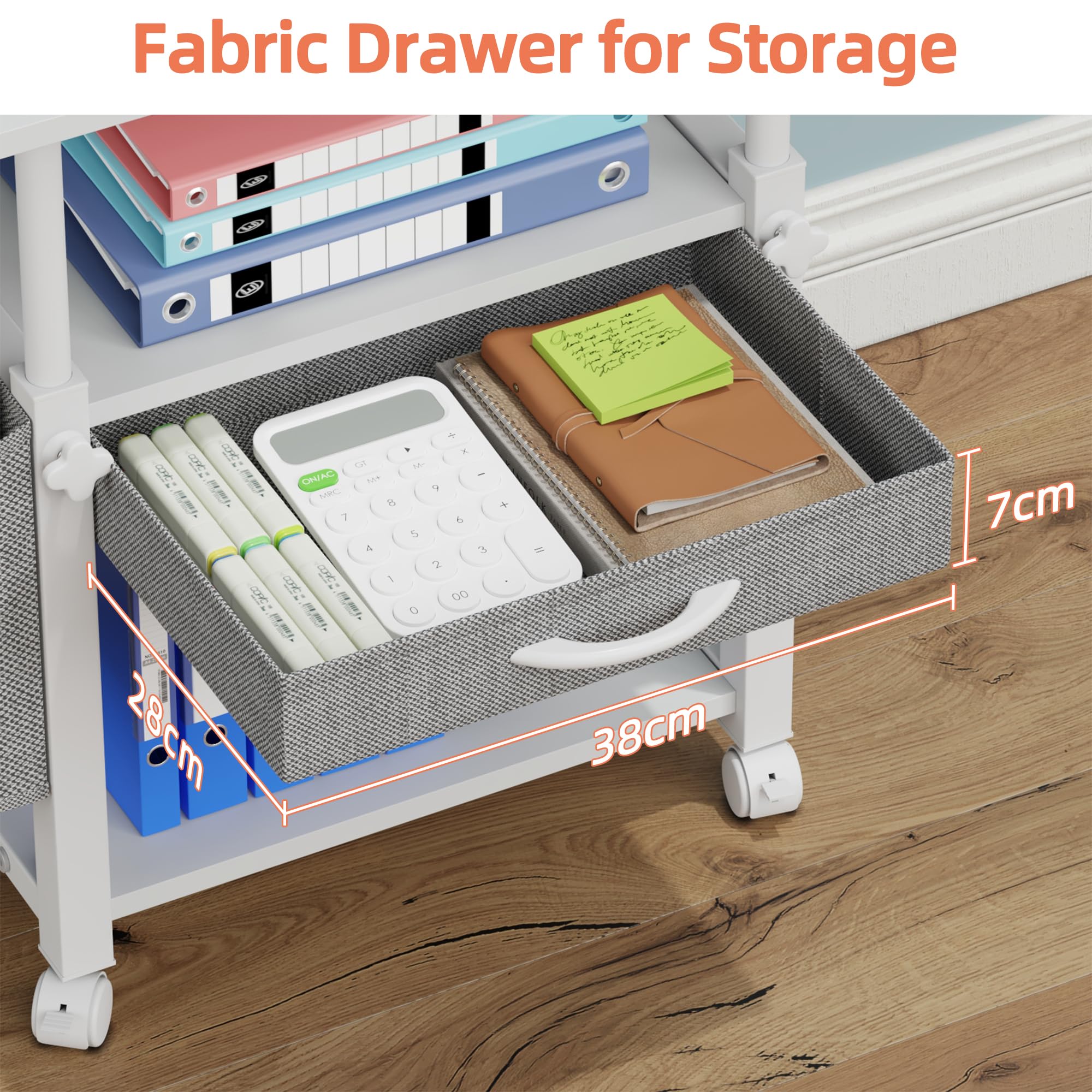 Mobile Porta Stampante a 3 Livelli con Cassetto in Tessuto, Supporto per Stampante Mobiletto con Ruote&Borsa Laterale, Altezza regolabile, Scaffale da Scrivania per Ufficio Domestico, Bianco