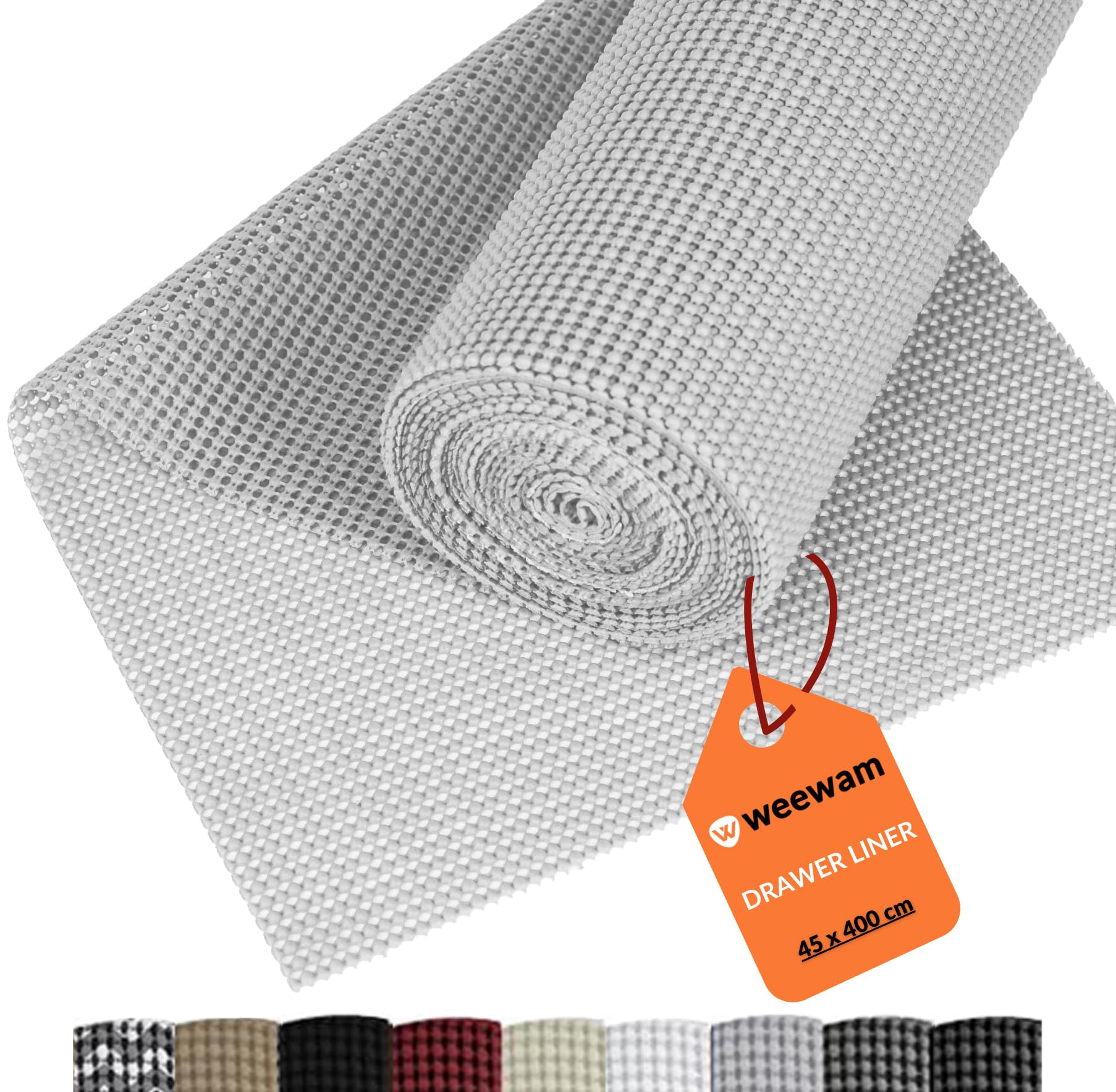 Tappetino Antiscivolo, Rivestimento per Cassetti Cucina, Weewam 45 x 400 cm (XXL) Rotolo Antiscivolo EVA non Adesivo, Fodera Protezione Mobili Armadio Ripiani Bicchieri Scarpiera – Grigio Chiaro