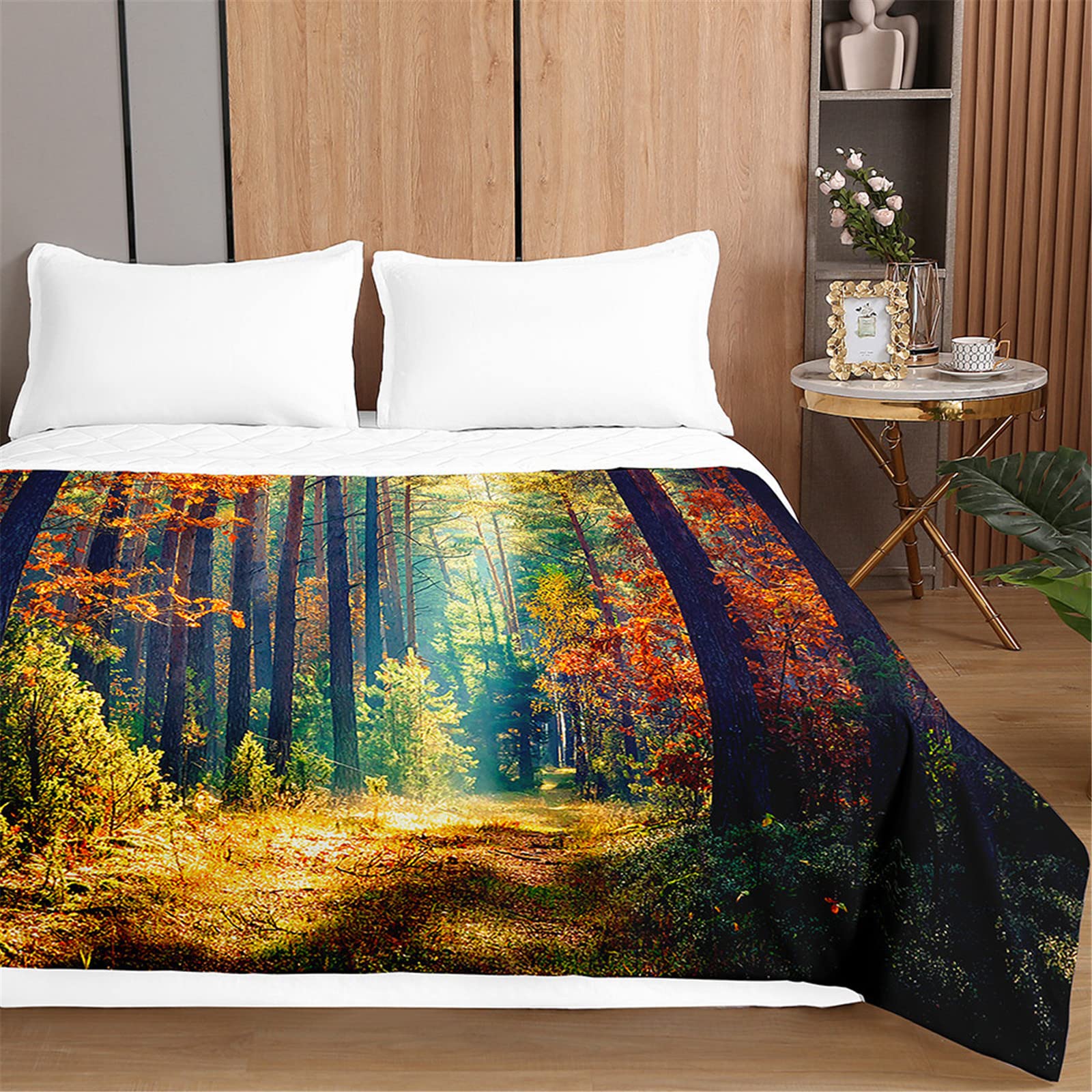 Oduo Colcha Bouti Cama 90/150, 3D Bosque Microfibra Cubrecama Multiusos Suave Cama de Matrimonio, Lavable Acolchada Edredón Ligero Manta para Todas Las Estaciones (Bosque otoño,180x220cm)