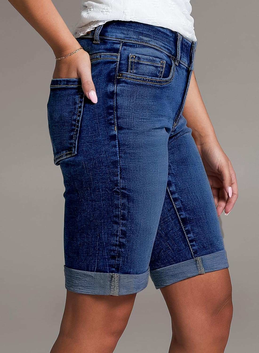 Sidefeel Women's Jean Shorts High Waisted Stretchy Bermuda Folded Hem Denim Summer Shorts - Image 3