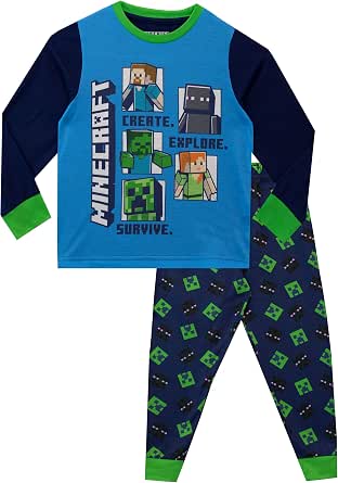 Pyjama Minecraft Enfant Garçon - Manches Longues Motif Creeper - 100% Polyester