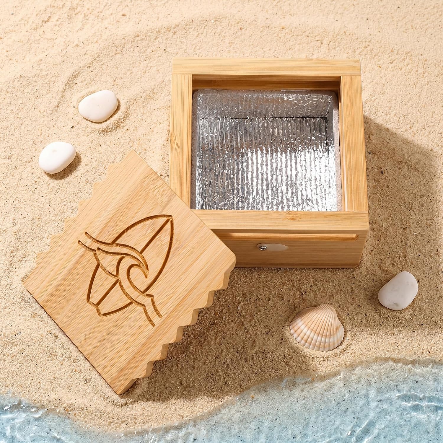 Surf Wax Box Bamboo Surf Wax Storage Holder with Insulated Interior Comb Remover Works for Surfers Beach Trip Surfing Sup Kiteboarding Skimboarding Waterproof Gifts
