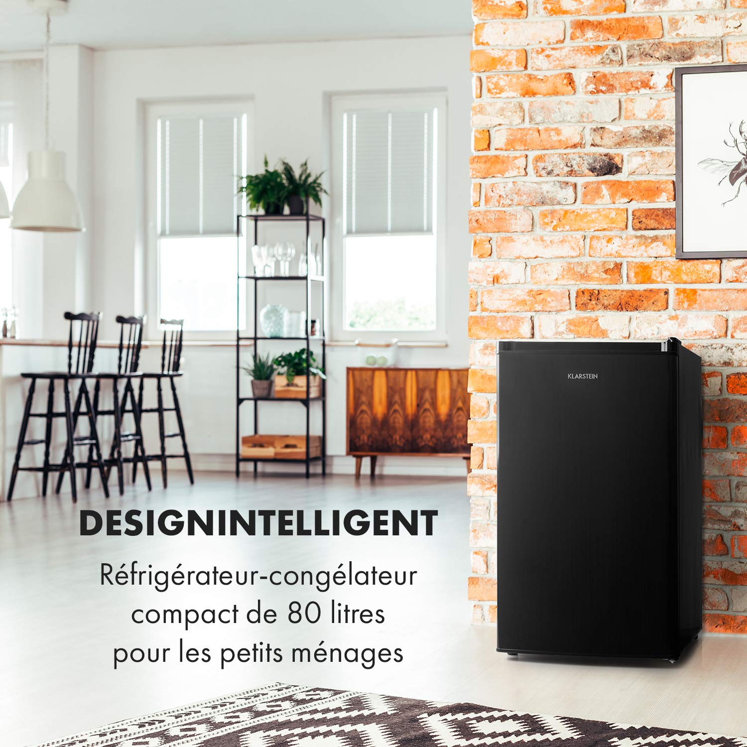 KLARSTEIN Cool Cousin - Combiné réfrigérateur congélateur, 80 L :69 L réfrigérateur et 11 L congélateur 3 étoiles, 2 clayettes en verre, 3 compartiments de porte, bac à légumes