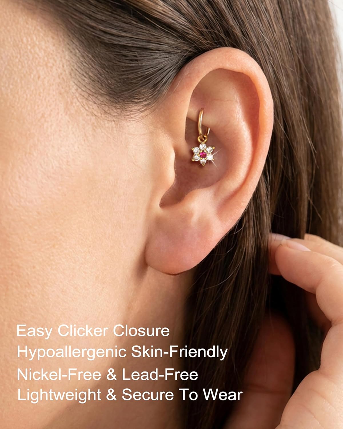 Jewseen Rook Piercing Jewelry Ruby Flower 16G 316L Surgical Steel Dangle Rook Earring for Women 6MM 8MM Gold Helix Daith Earrings Cartilage Lobe Earrings Hoop Nickel Free - Image 2