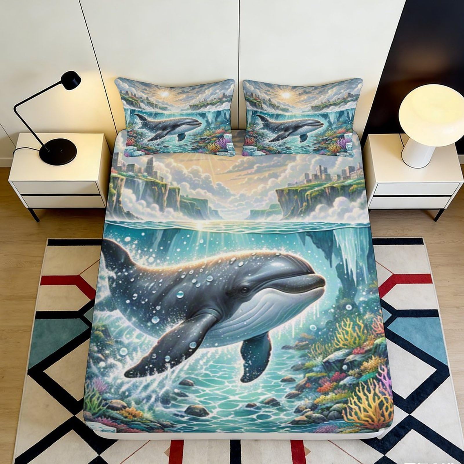 3D Printed Ocean Whale Fitted Sheet Microfiber Soft Breathable Undersea Coral Mattress Cover for Bedroom Dorm Mattress Protection Decor 90x200x25cm