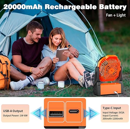 Miniatura 2 de Sendowtek Ventilador de batería de campamento portátil de 20000 mAh, recargable con luz LED, 4 modos de viento, interruptor temporizador, ventilador
