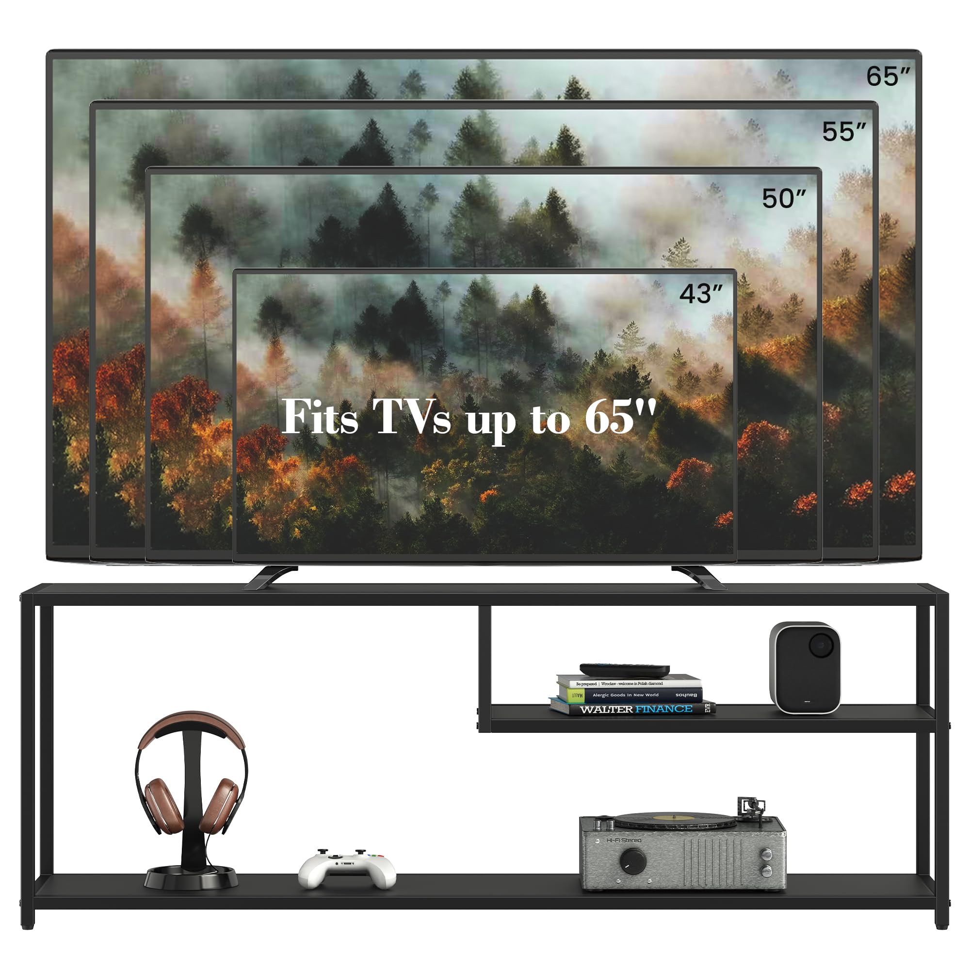 Meuble TV TECHMILLY 140cm Pour Téléviseur Jusqu'à 65 Pouces, Table Basse Style Industriel Avec Rangements Et étagères
