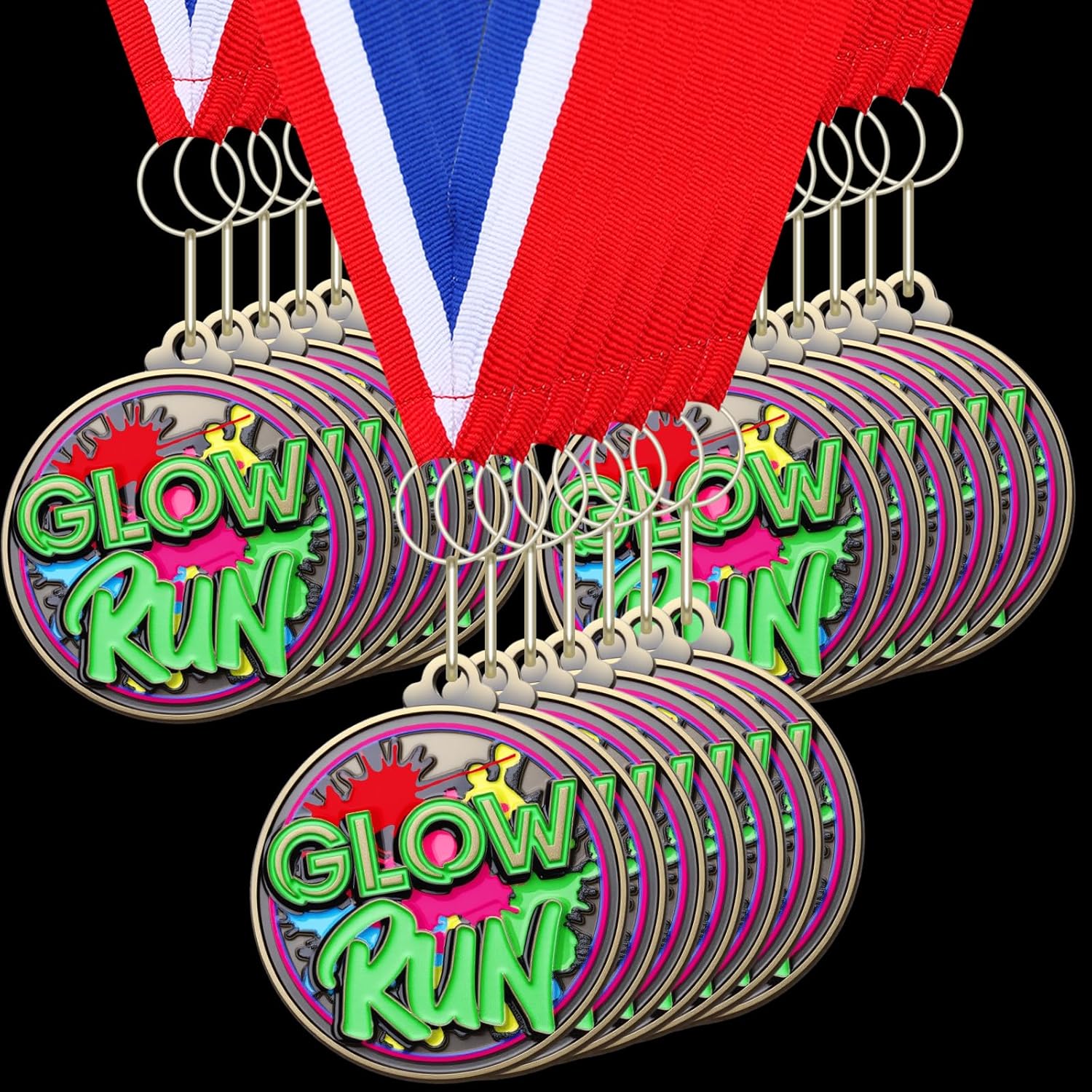 Remuuly 20 Pcs Glow Run Medals Bulk 2'' Glow in the Dark Medals with Neck Ribbons Cross Country Running Runner Medal Running Race Track and Field Gift for Tournaments Sports Competition Group Adult