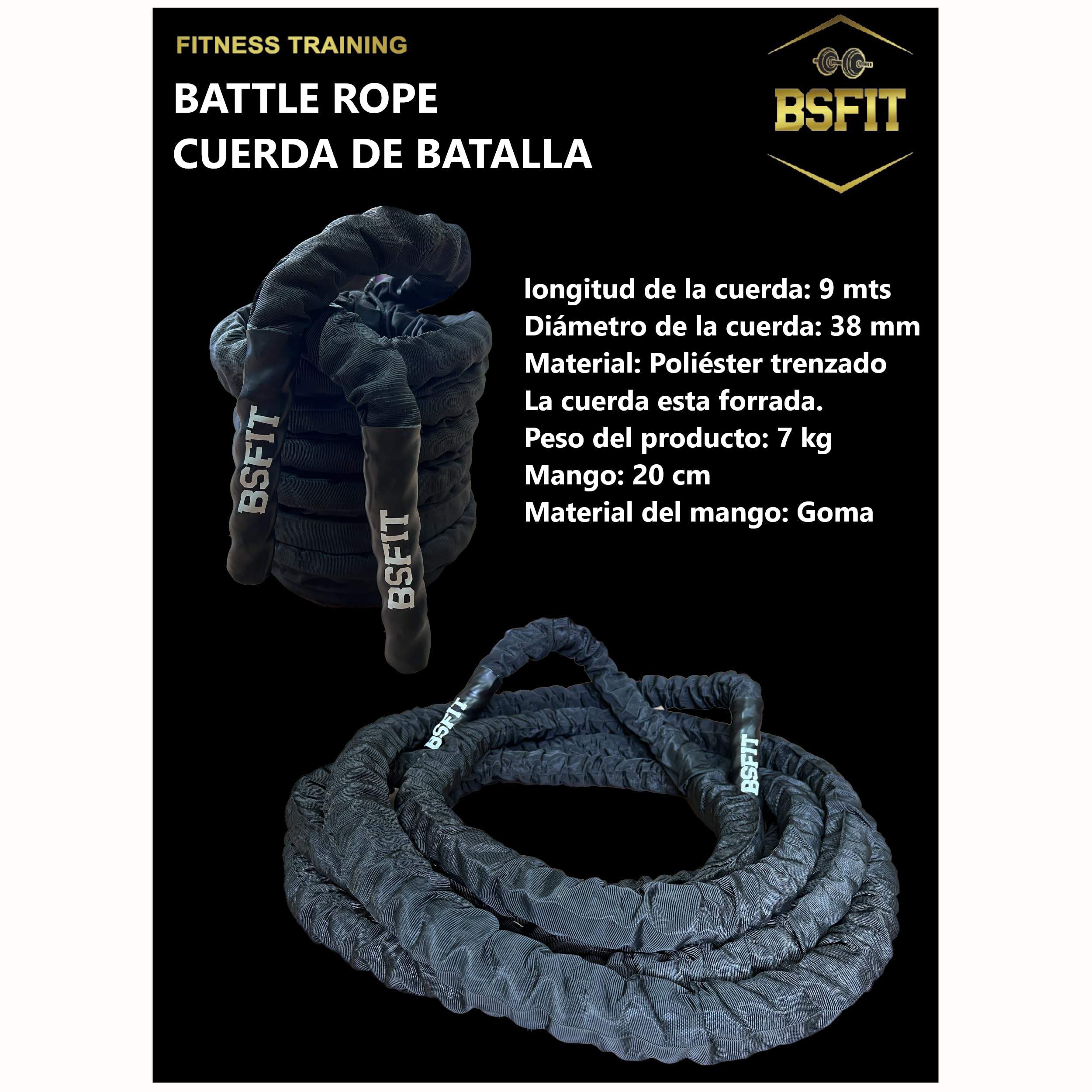 Cuerda de Batalla para Entrenamiento Funcional Tipo Battle Rope 9m / SOGA Entrenamiento con PROTECCIÓN Adicional DE Tela, Cuerda de Combate – Ideal para Entrenamiento y Rope Training