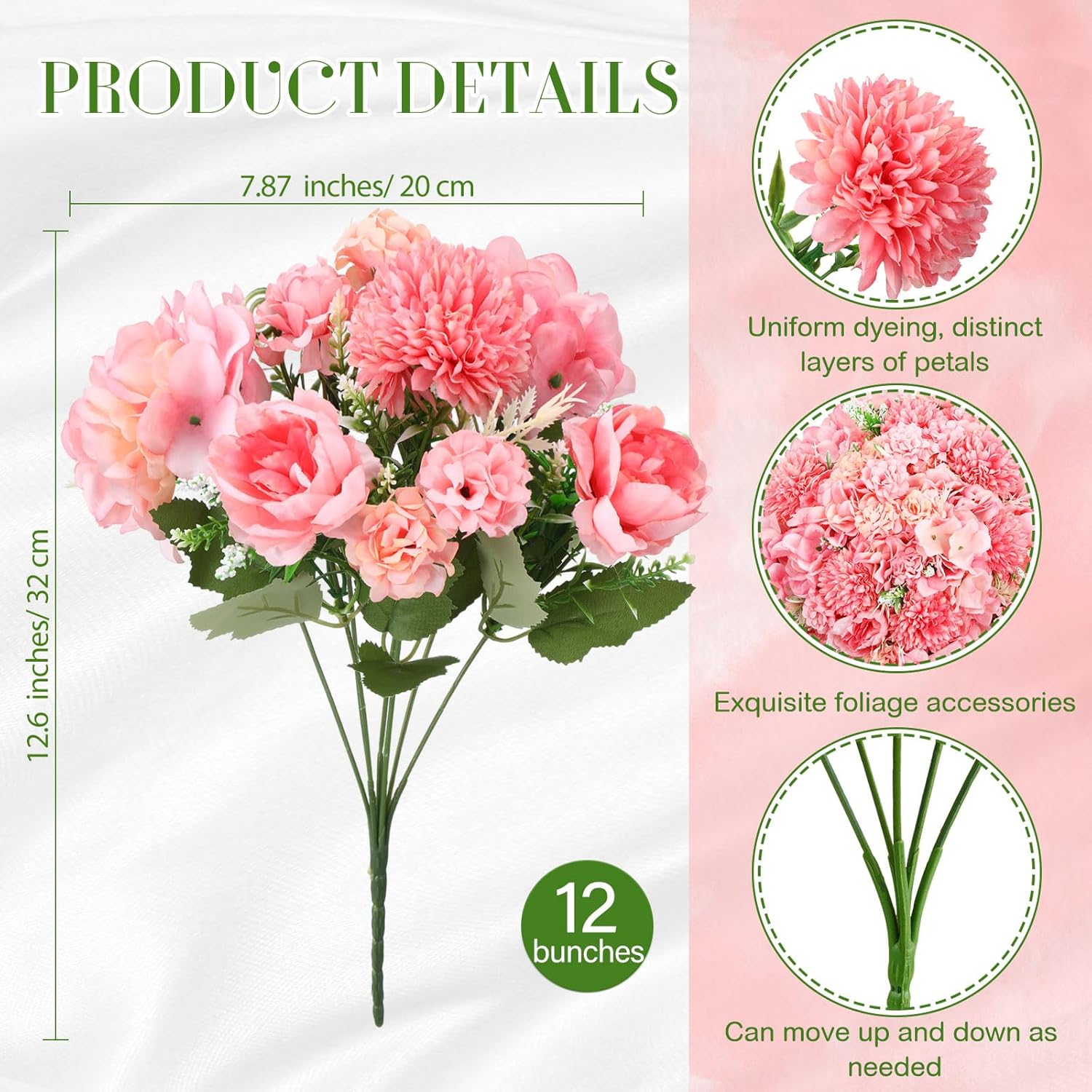 Tigeen Artificial Flowers Artificial Peonies Silk Flowers Faux Peony Fake Peony Silk Hydrangea Bouquet for Wedding Table Centerpiece Floral Vase Decor(Rose Pink,12 Bundles) - Image 2