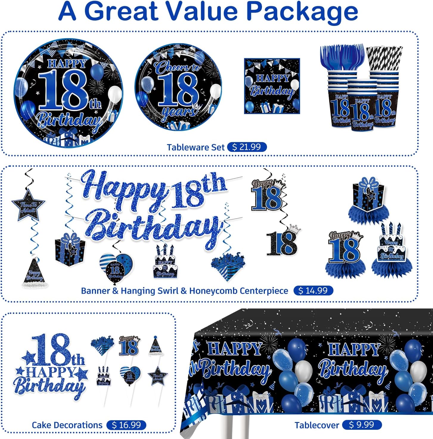 205 Pcs 18th Birthday Decorations for Boys, Blue and Black Birthday Decorations Set Serves 25 Guests, Including Balloons, Banner, Cake Toppers, Plates and Napkins, Tablecloth for Happy 18th Birthday
