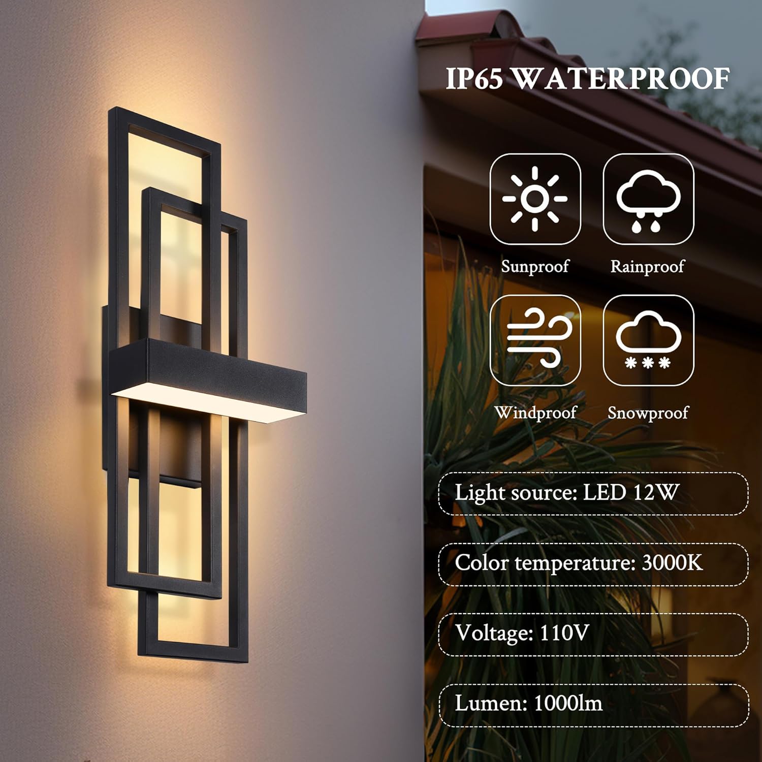 LamQee 2 Pack 20" Modern Outdoor Wall Light, Integrated LED 1000LM Exterior Lighting Fixture Rectangle Outdoor Sconce, Matte Black Metal Wall Mount Porch Light Outside Lamp for House Garage Door Patio